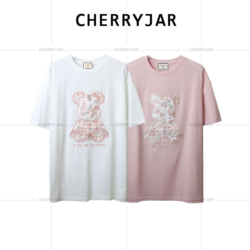 Cherryjar【6026】时尚奶茶色卡通贴布刺绣亮片点缀T恤夏季