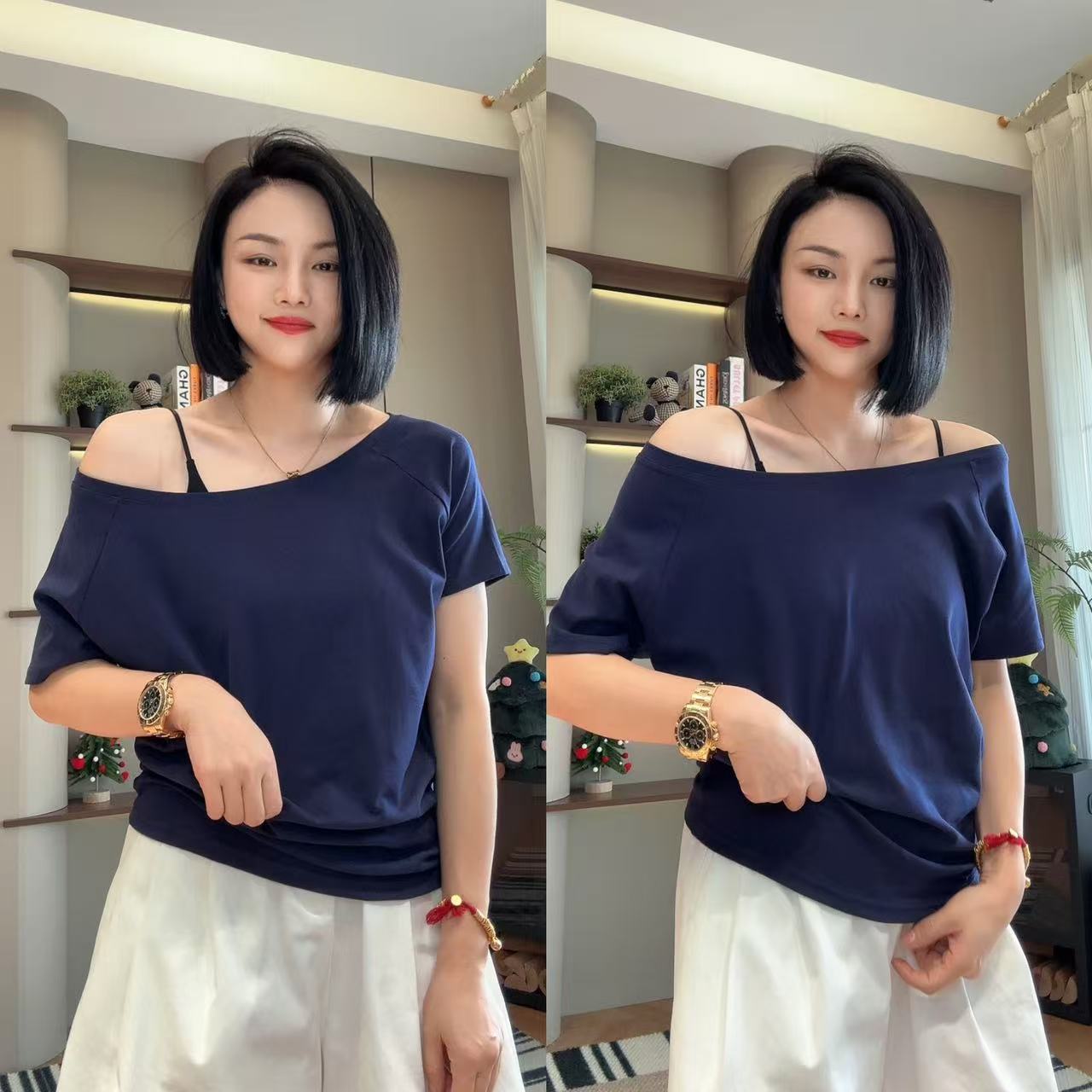 夏季一字肩露肩纯色净版休闲短袖T恤5-4-25