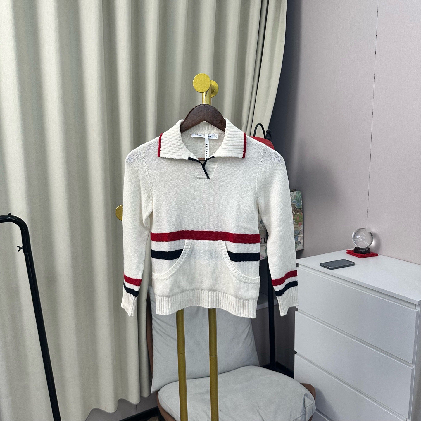 99新 DIOR/迪奥 玄色 24FW 白色彩条背后logo针织毛衣 38码/99新