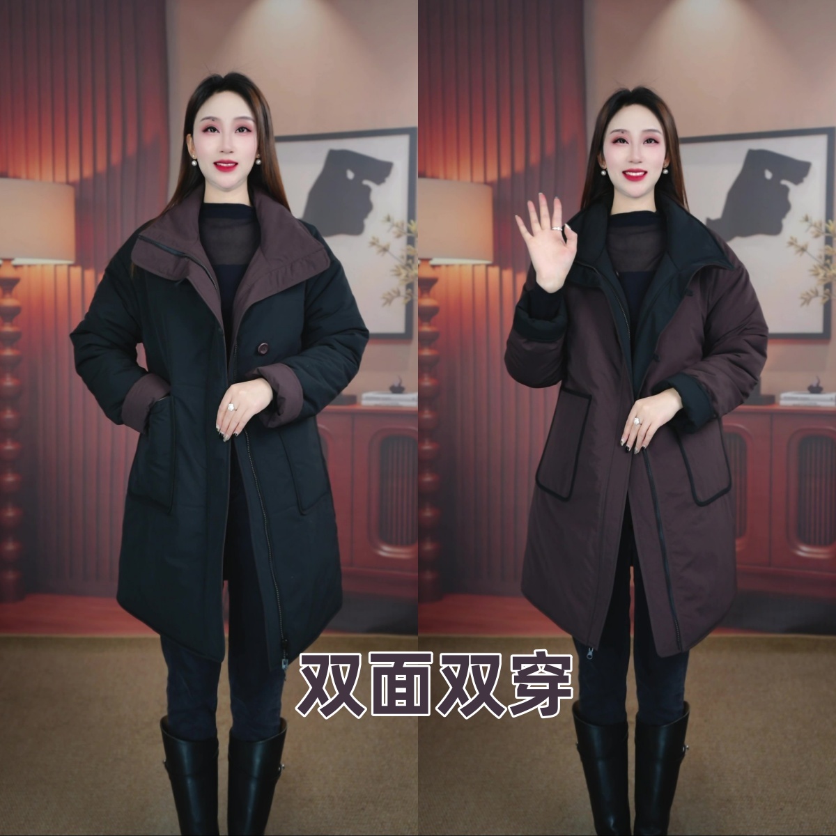 H189-新款秋冬显瘦双面双穿中长款加厚气质翻领休闲棉服