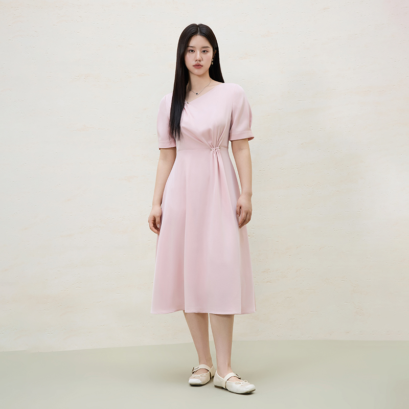 独束大码女装气质收腰黑色抽褶连衣裙赫本风长裙25DS82032/82316