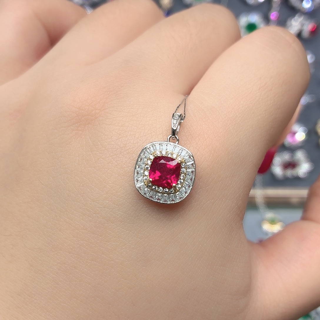 坠链均925银培育卢比莱色宝石