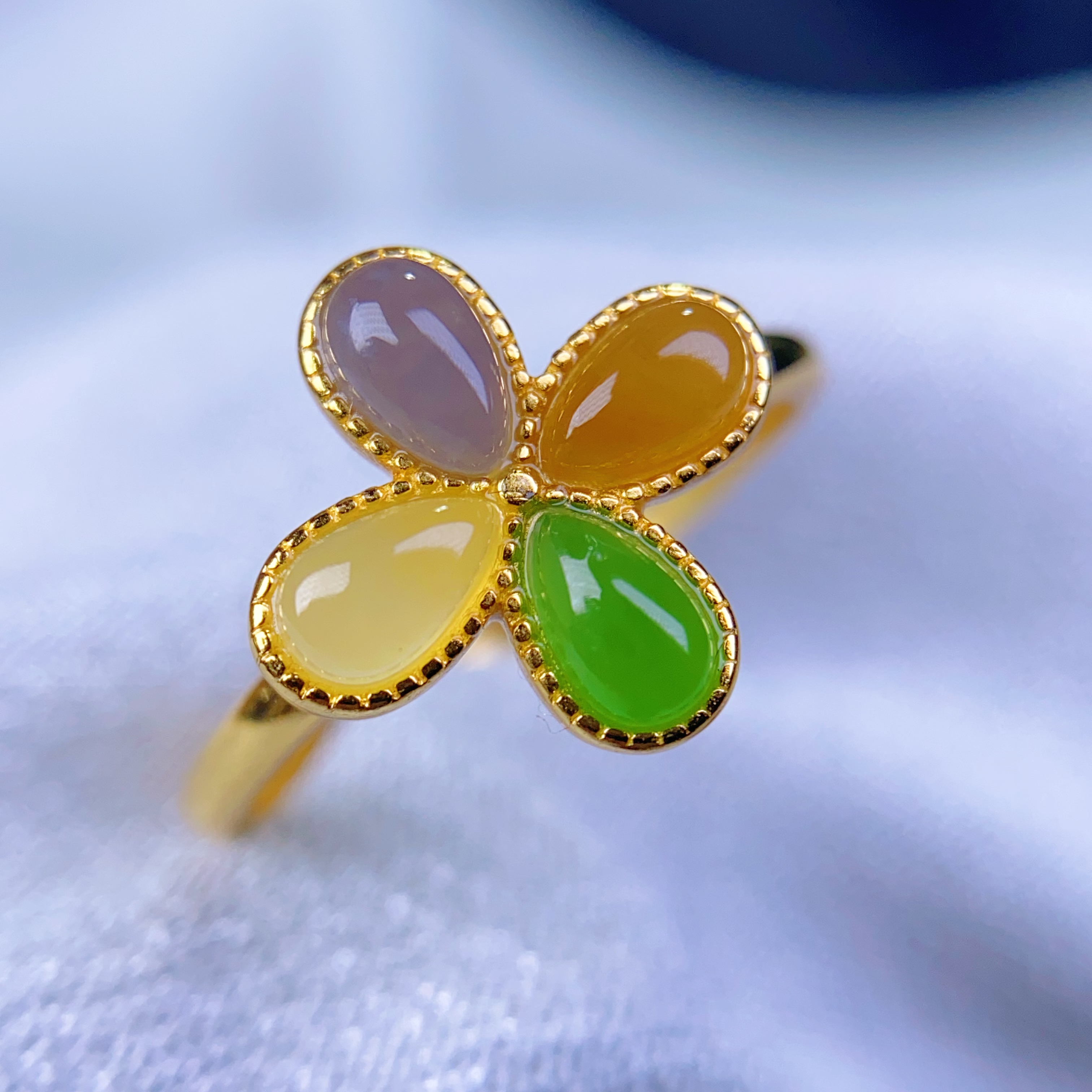 天然和田玉多宝四叶幸运草925银戒指开口戒可调节圈口女款@0299