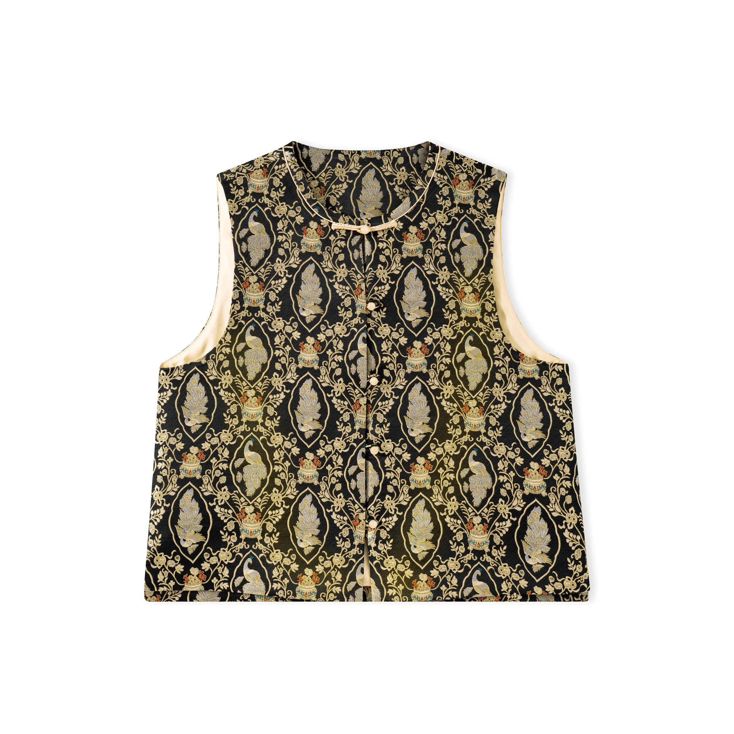 孔雀聚宝盆-新中式桑蚕丝唐锦文艺提花国风马甲BZ25258