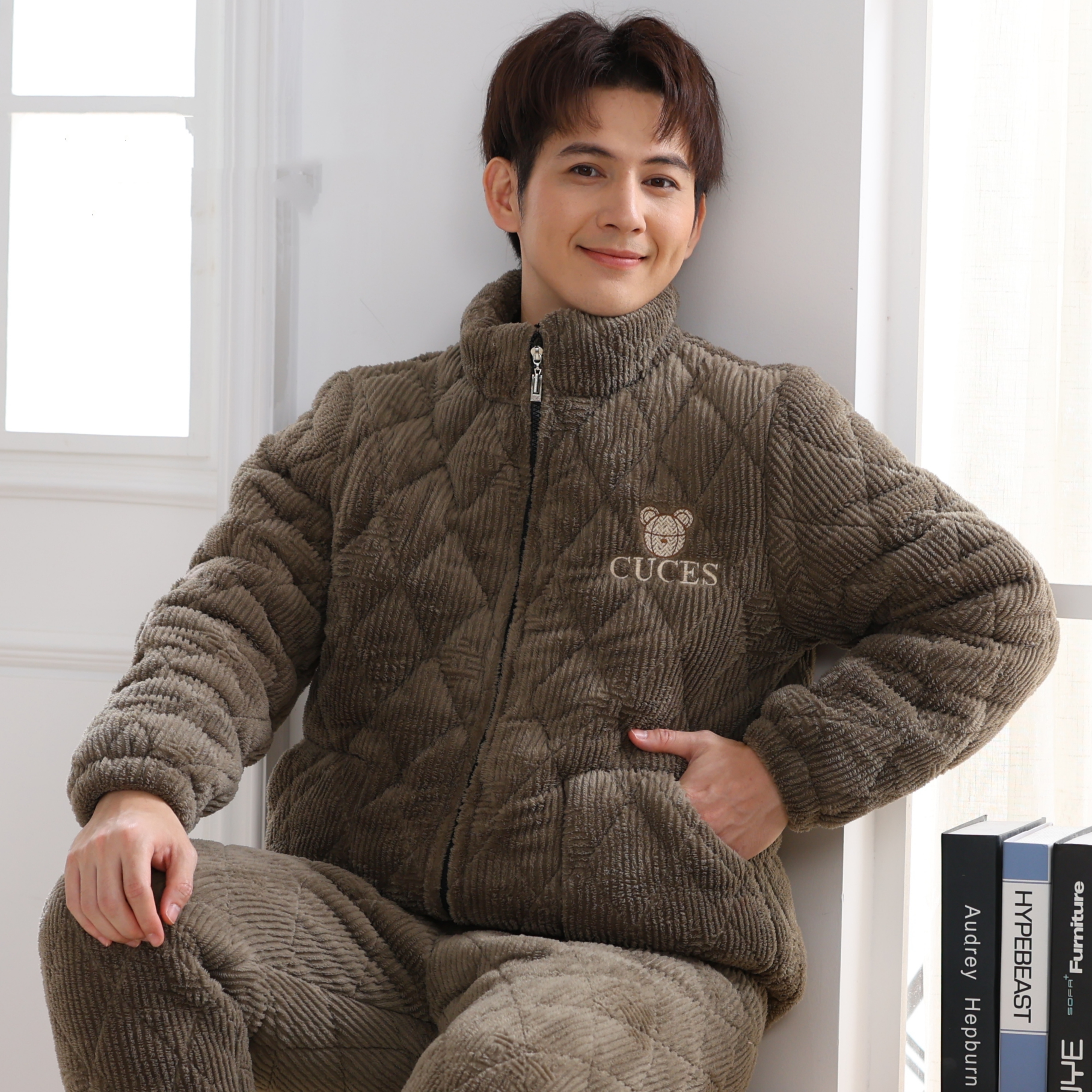 【1732#冬季新款夹棉睡衣】男士冬款加绒加厚保暖睡衣家居服可外穿