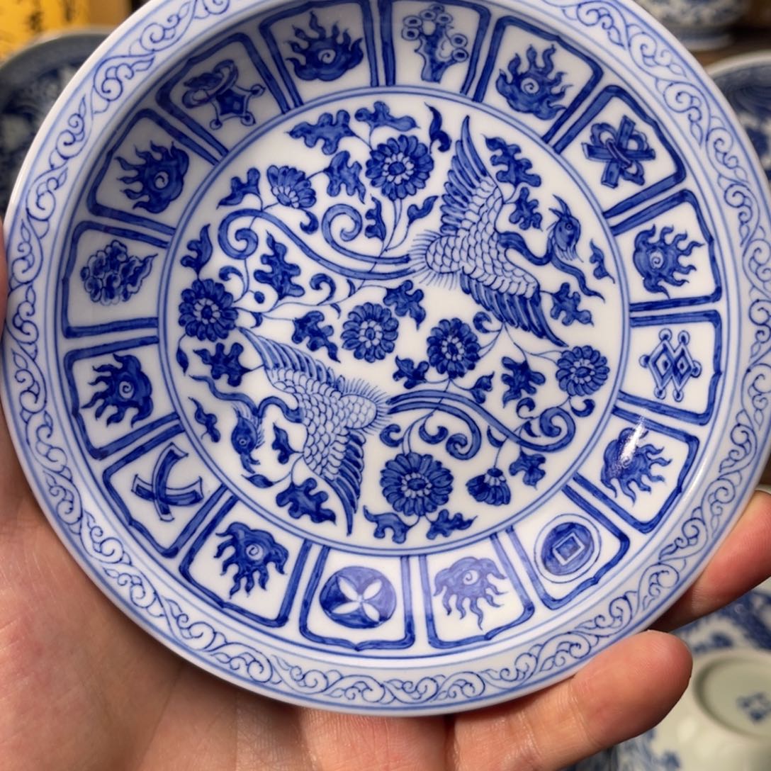 孔***锤其他瓷汀蓝手作纯手工手绘双凤杯托