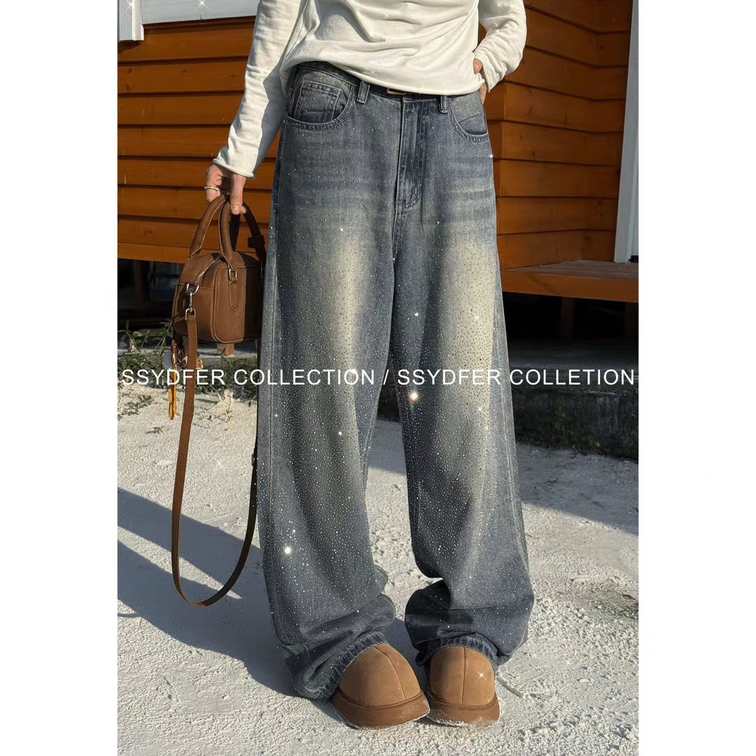 TEEINXX加绒满天星烫钻重工牛仔裤女宽松直筒阔腿带钻爆闪BM161