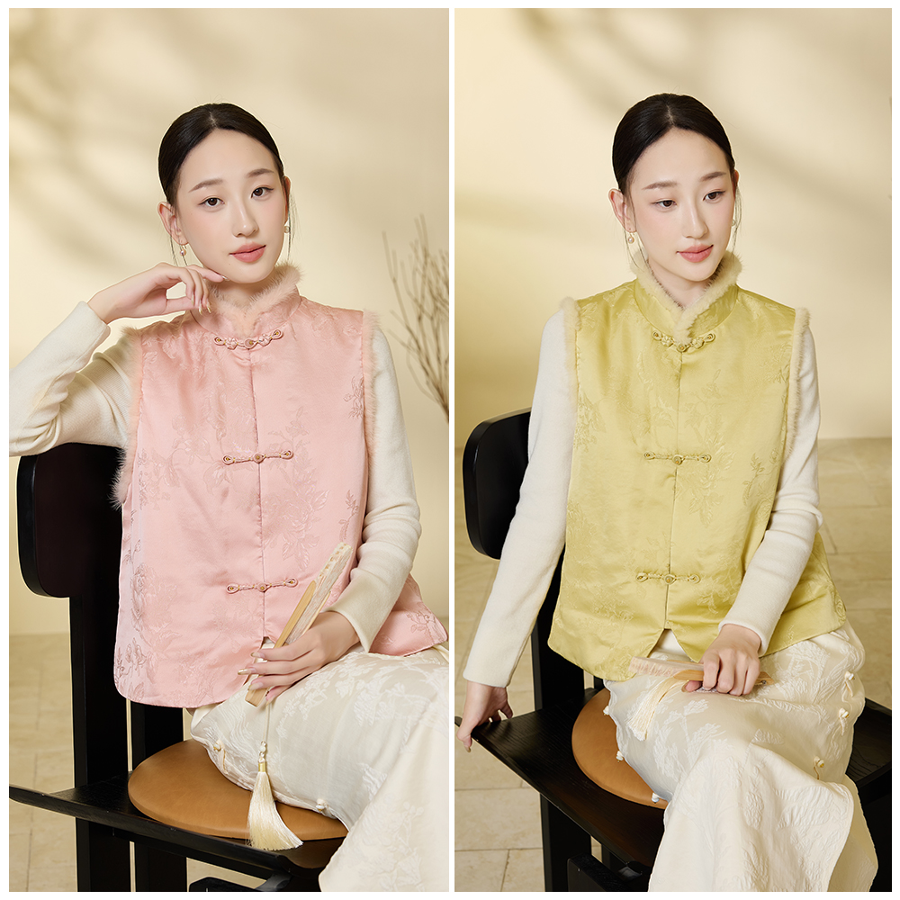 《花影染襟》人丝金线提花拼接水貂