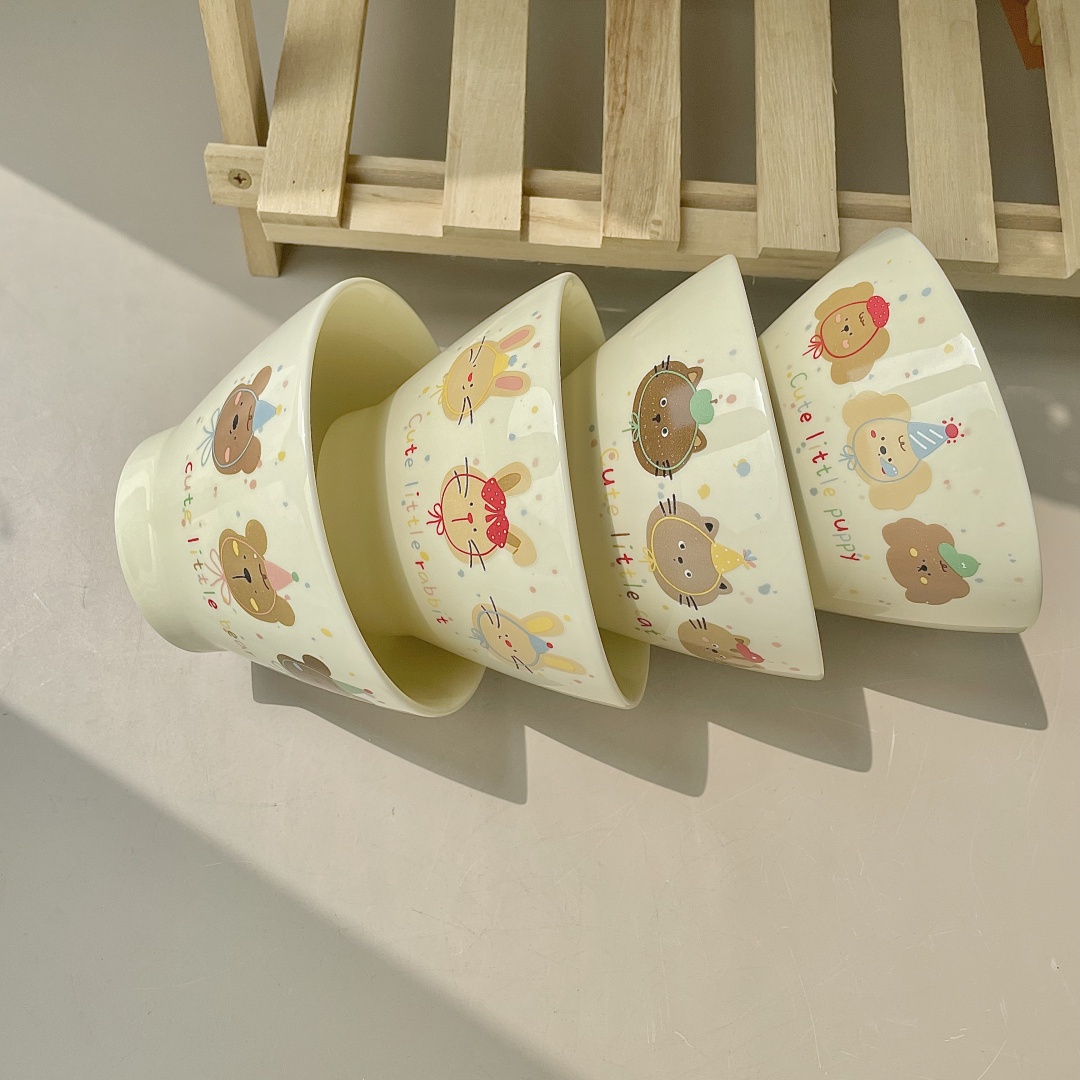 【动物派对】陶瓷家用5英寸斗笠碗4个装釉下彩创意轻奢厚实吃饭碗