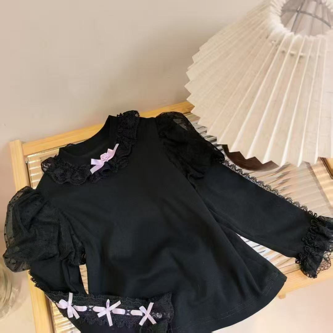 甜汐家原版女童黑色打底衫2025秋冬新款百搭长袖蕾丝花边上衣