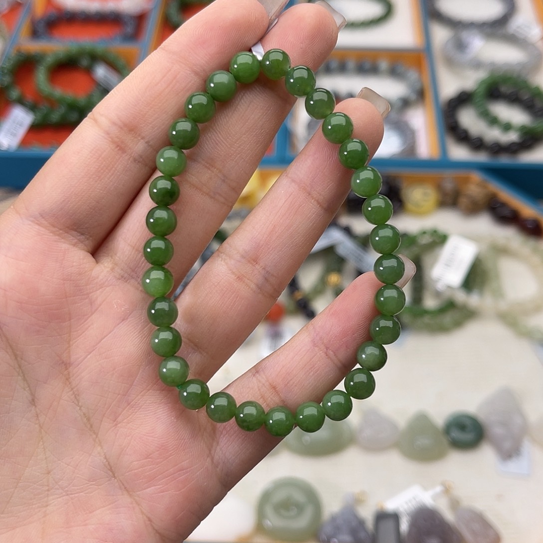 和田玉未镶嵌手链w12碧玉阳绿6mm