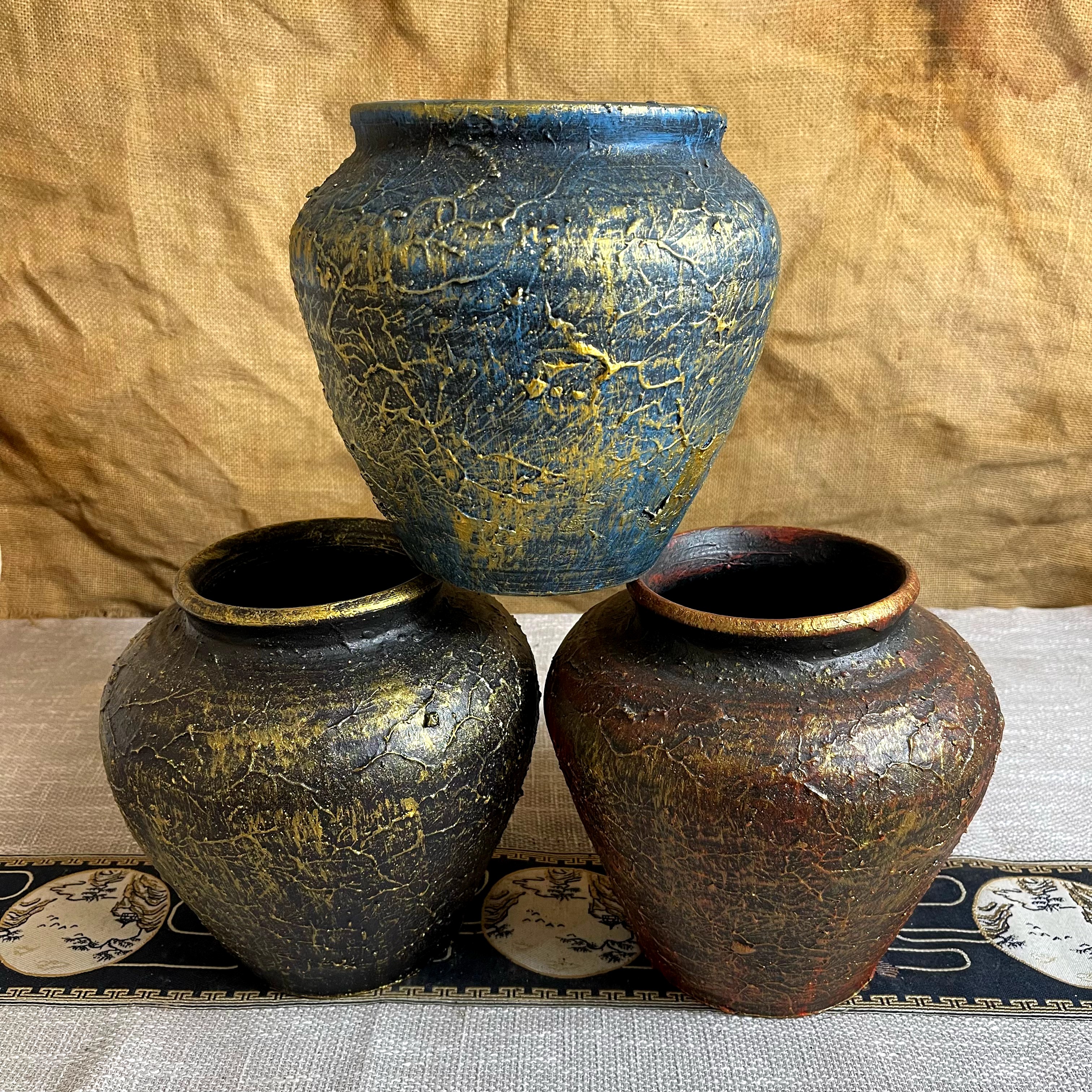 大口径水培纯黑大仿古陶罐花瓶摆件土陶做旧花盆浮雕多肉三角梅