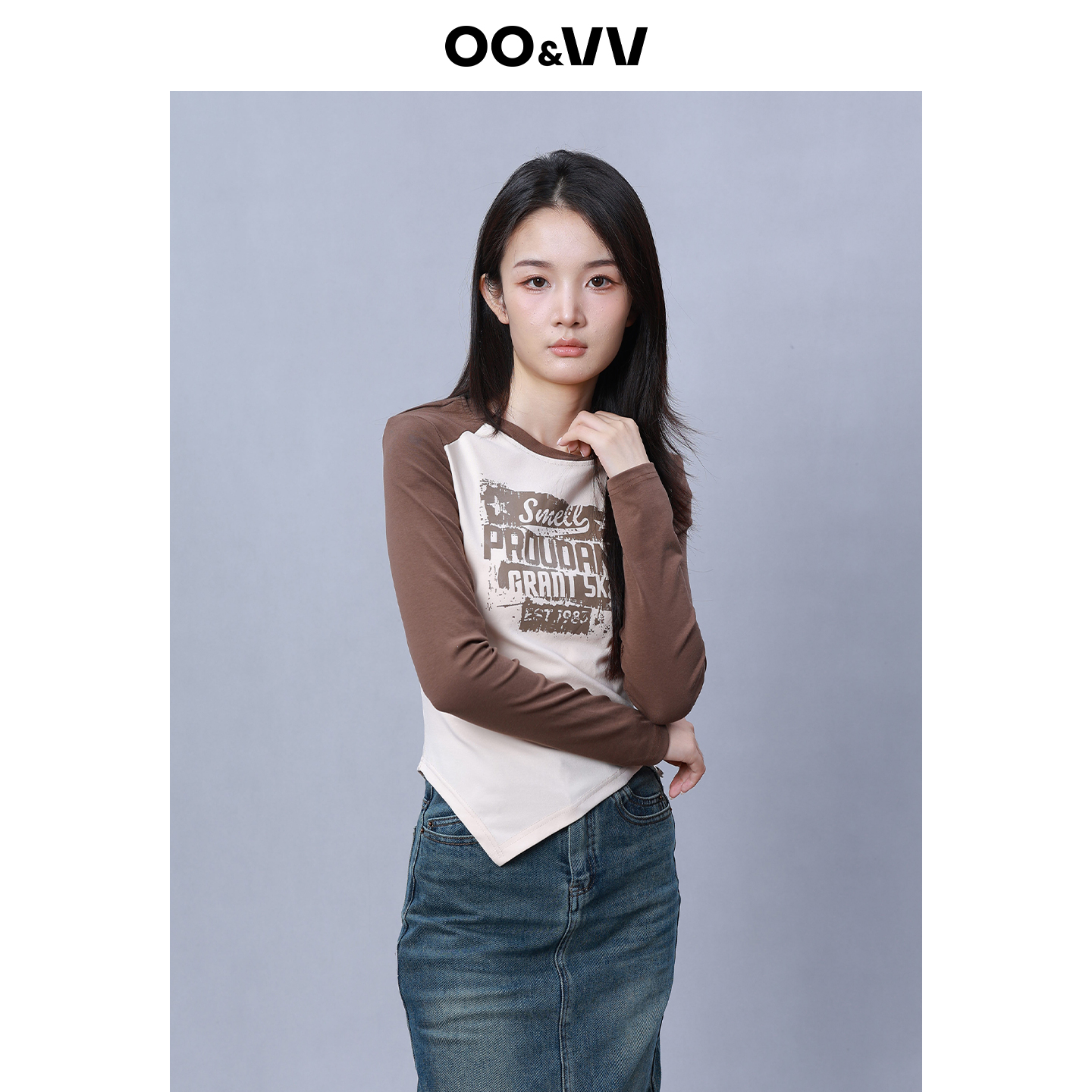 OO&VV2025秋新款撞色字母印花插肩长袖t恤女不规则修身高腰打底衫