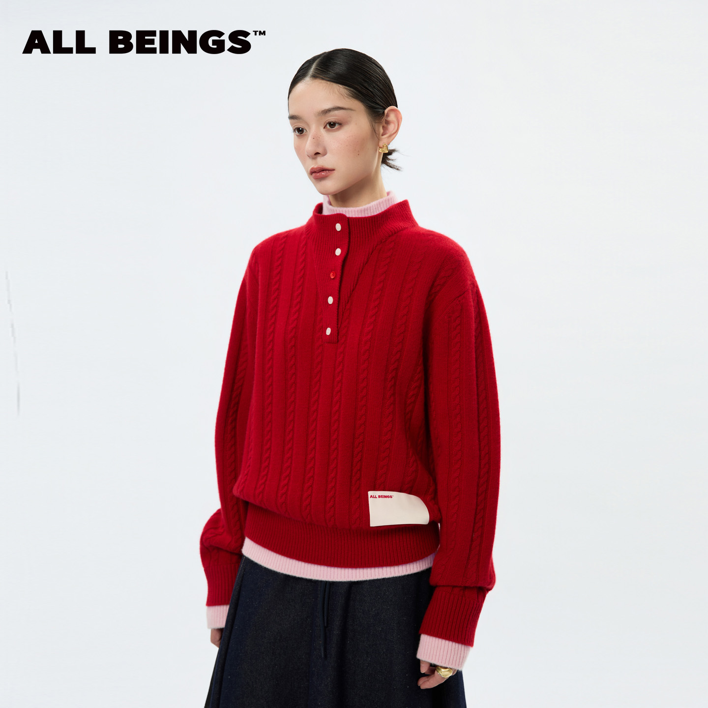 ALL BEINGS25AW设计师新款红粉拼色假两件半高领毛衣