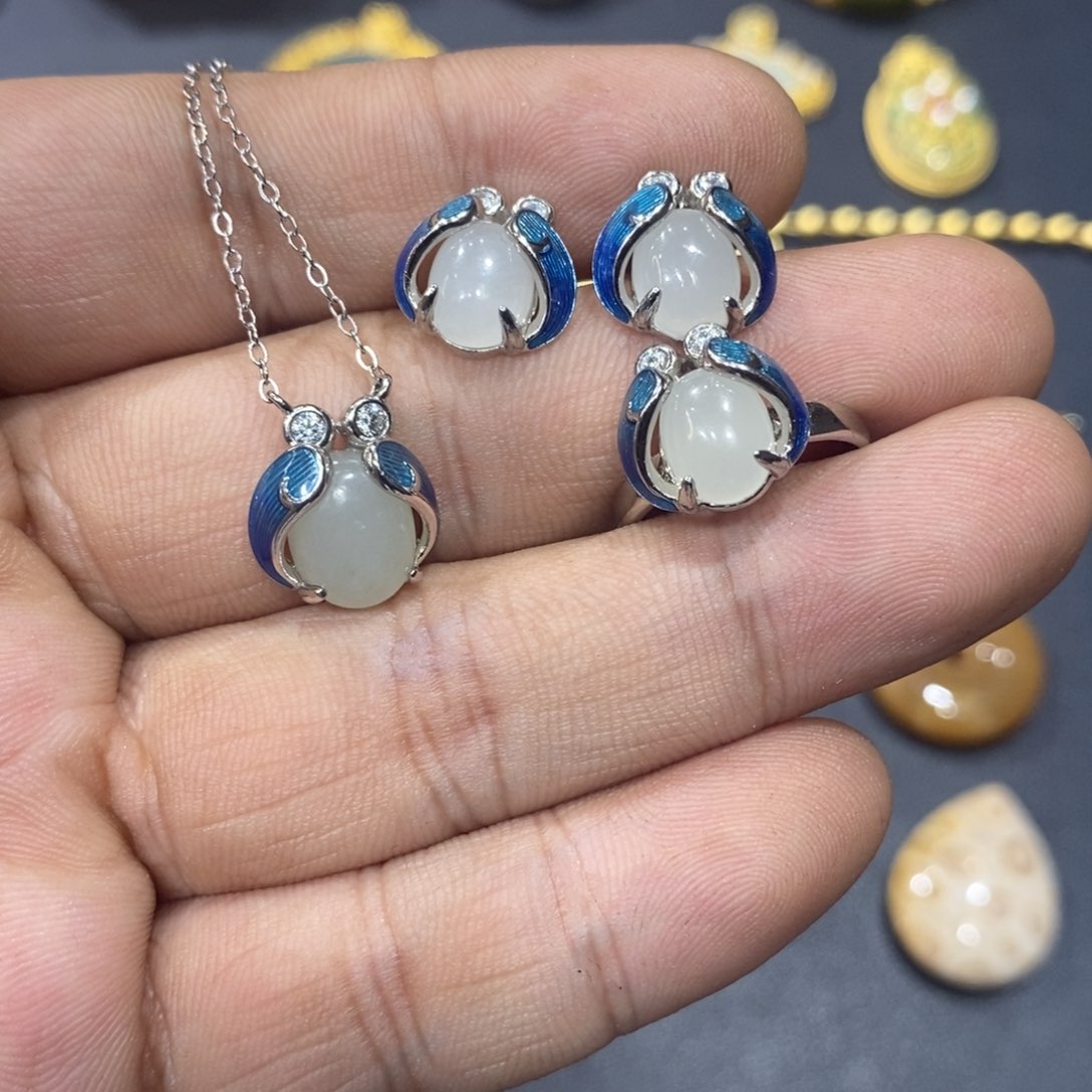 和田玉套装银S925镀金镶嵌