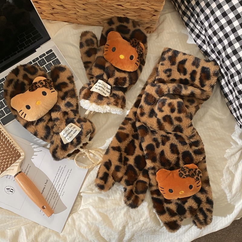 【浠儿家】可爱高颜值豹纹猫咪手套女冬季毛绒手套保暖加绒加厚手套