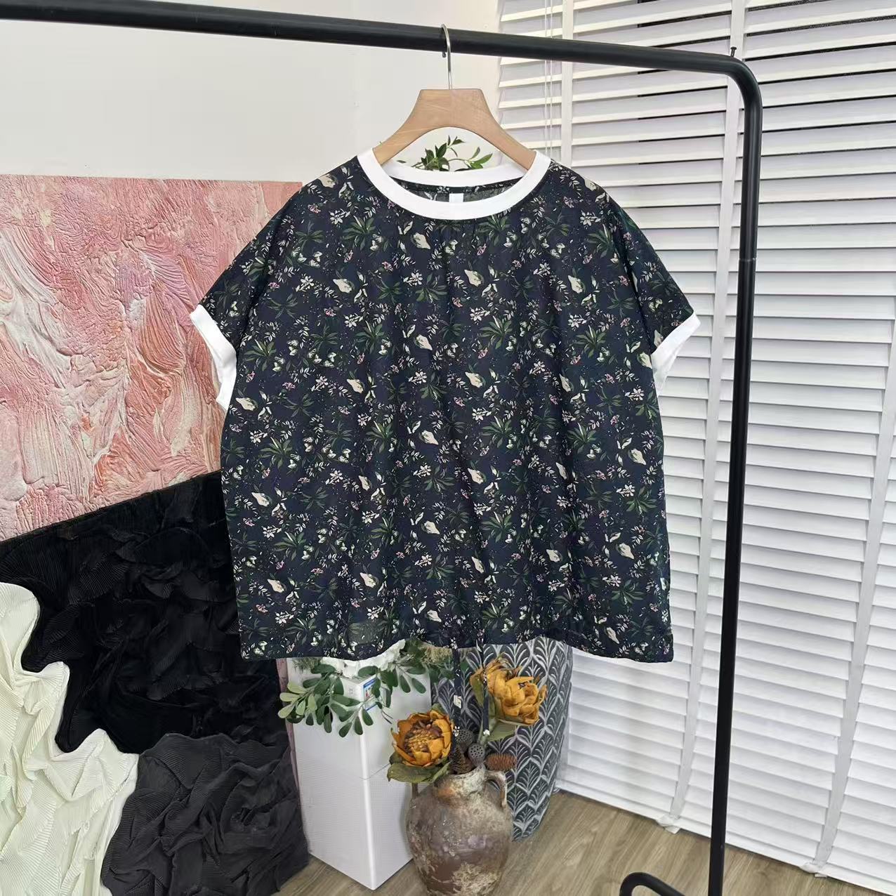 夏日薄款印花「休闲套头宽松」短袖衬衫女E5803