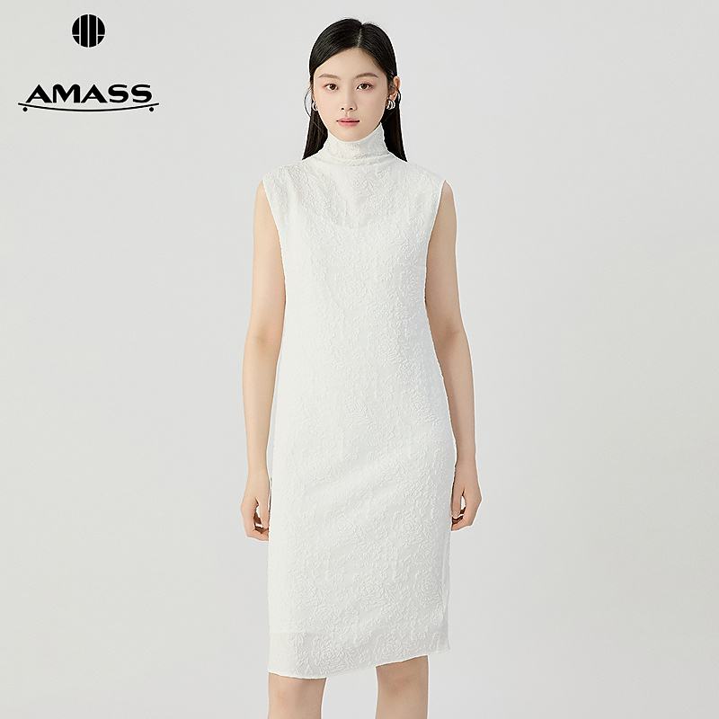 阿玛施AMASS 简约新中式优雅肌理感无袖烟管领连衣裙附内搭550017