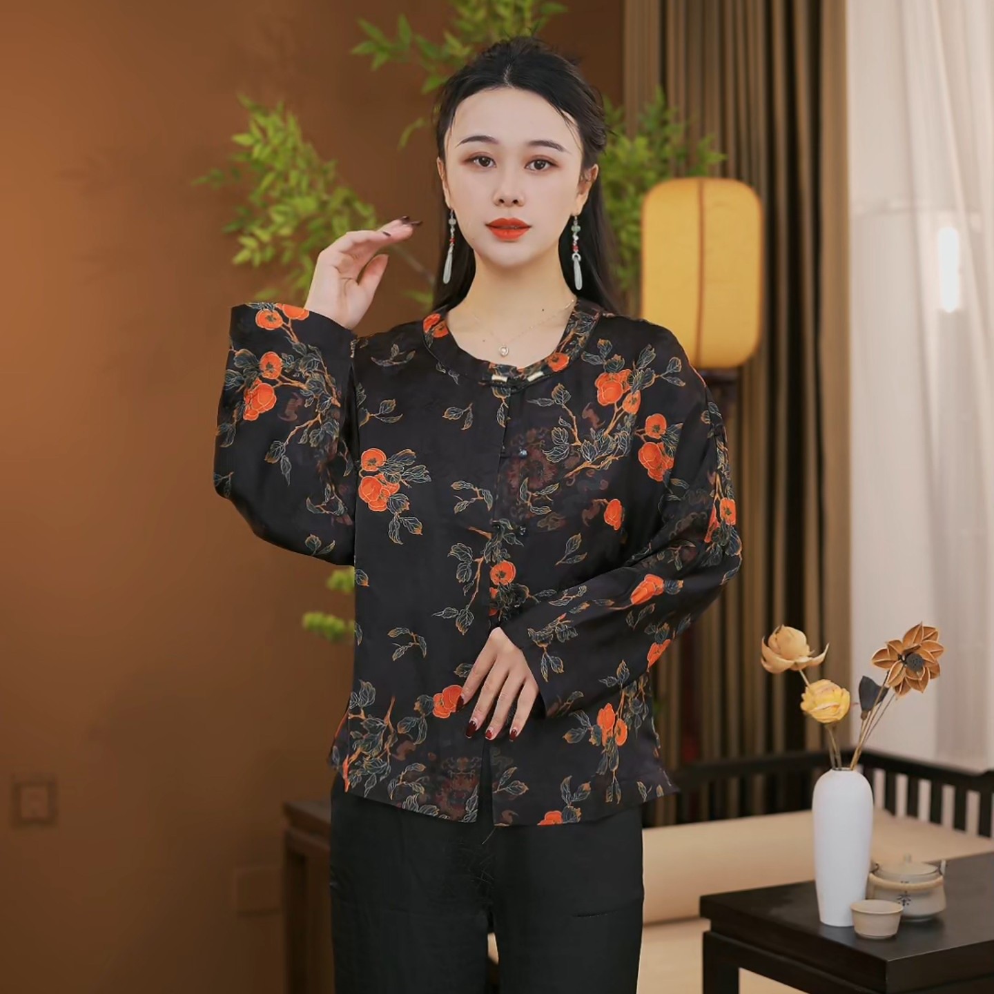 2025春季新款国风上衣桑蚕丝高端时尚印花减龄长袖女外套F060