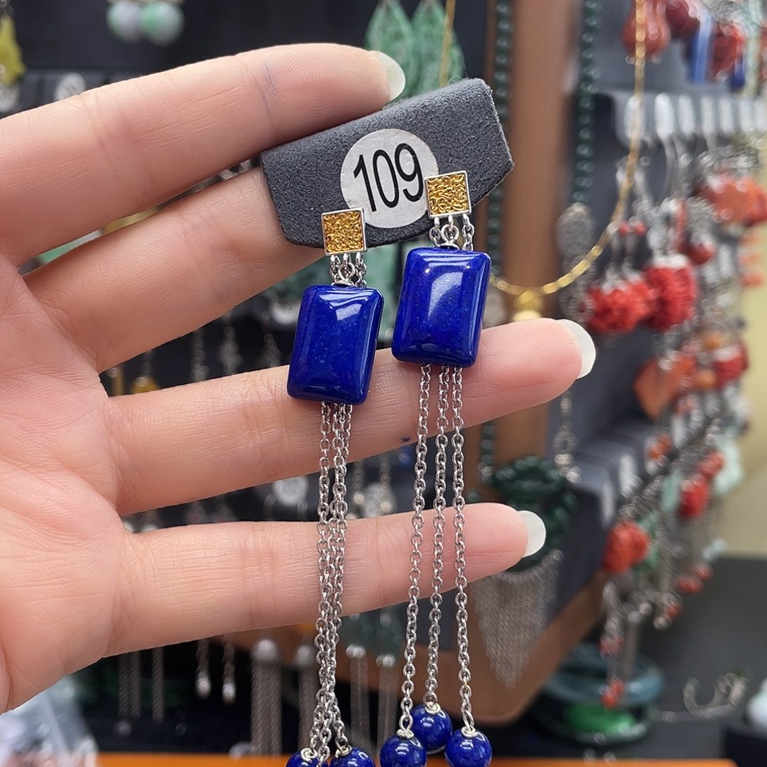 青金石耳饰银S925镶嵌小***界756（hbghn