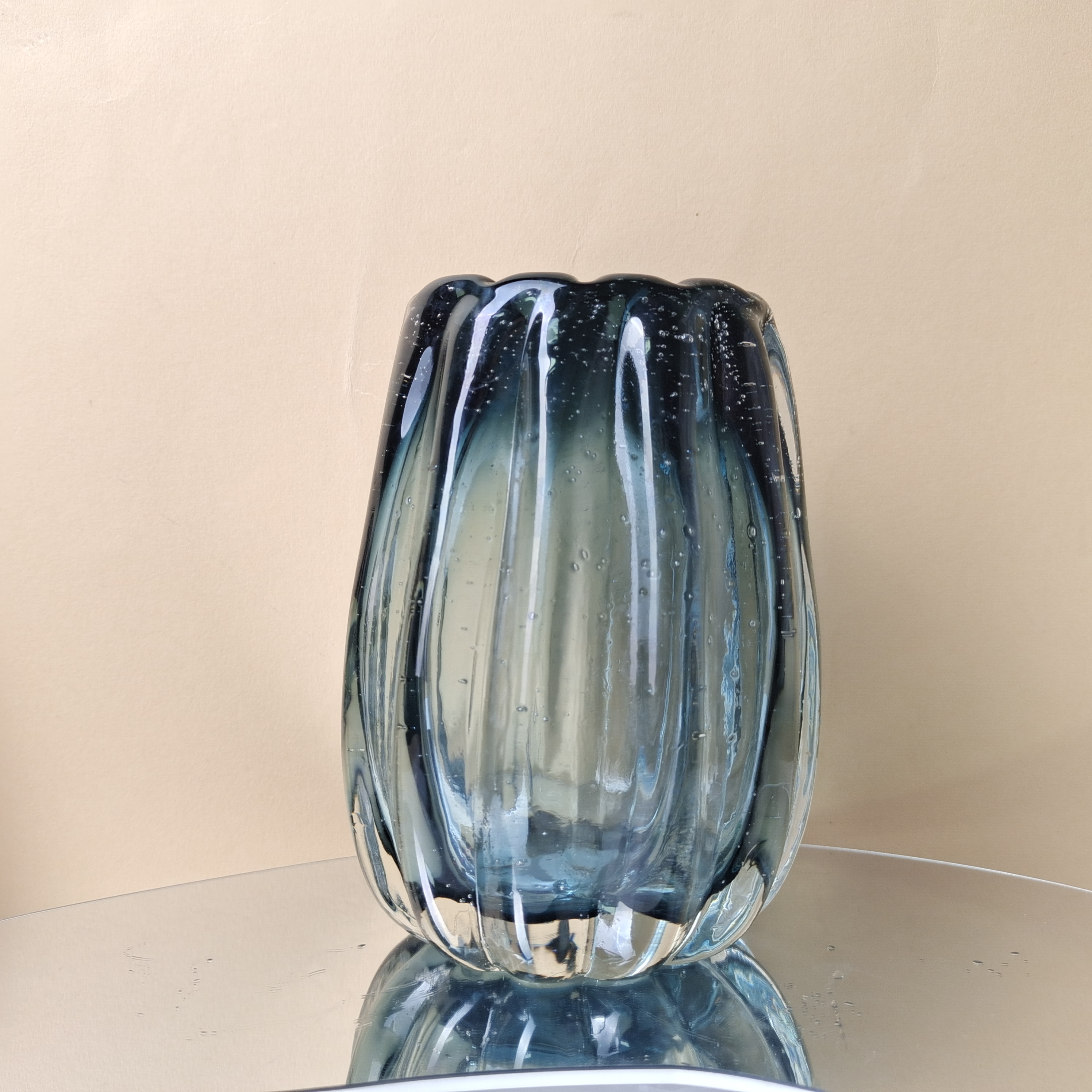 N983 纯手工吹制气泡工艺蓝灰色重工琉璃花瓶