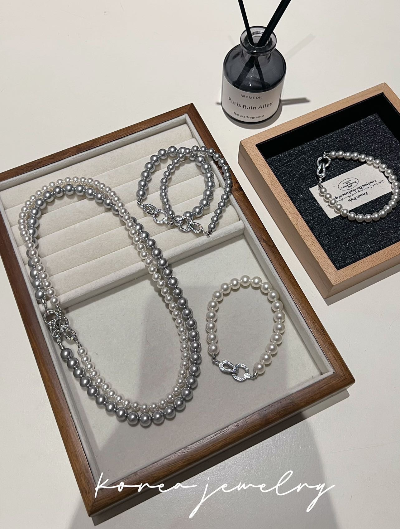 法式灰色白色珠珠颈链饰品珠串锁骨链