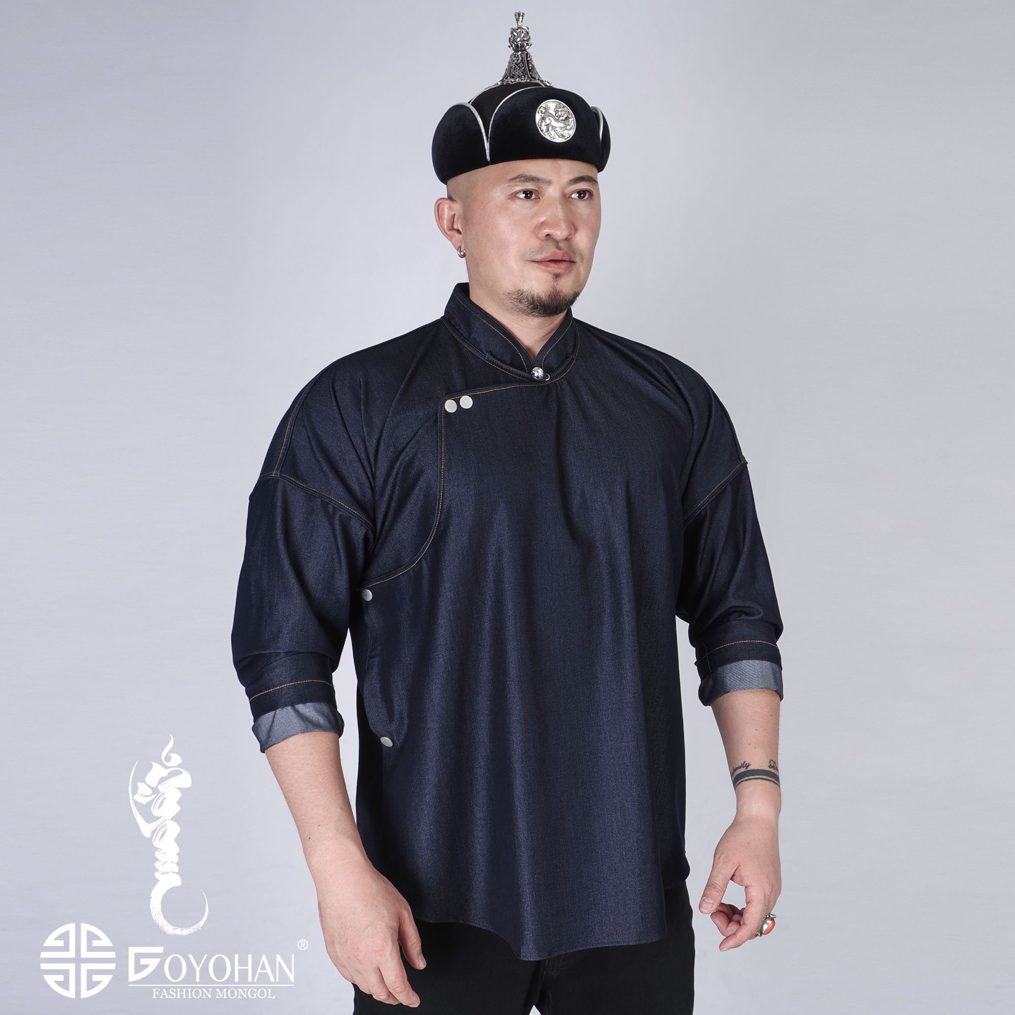 【高艺汗】民族风弹力丝光棉男款牛仔衬衫 1314