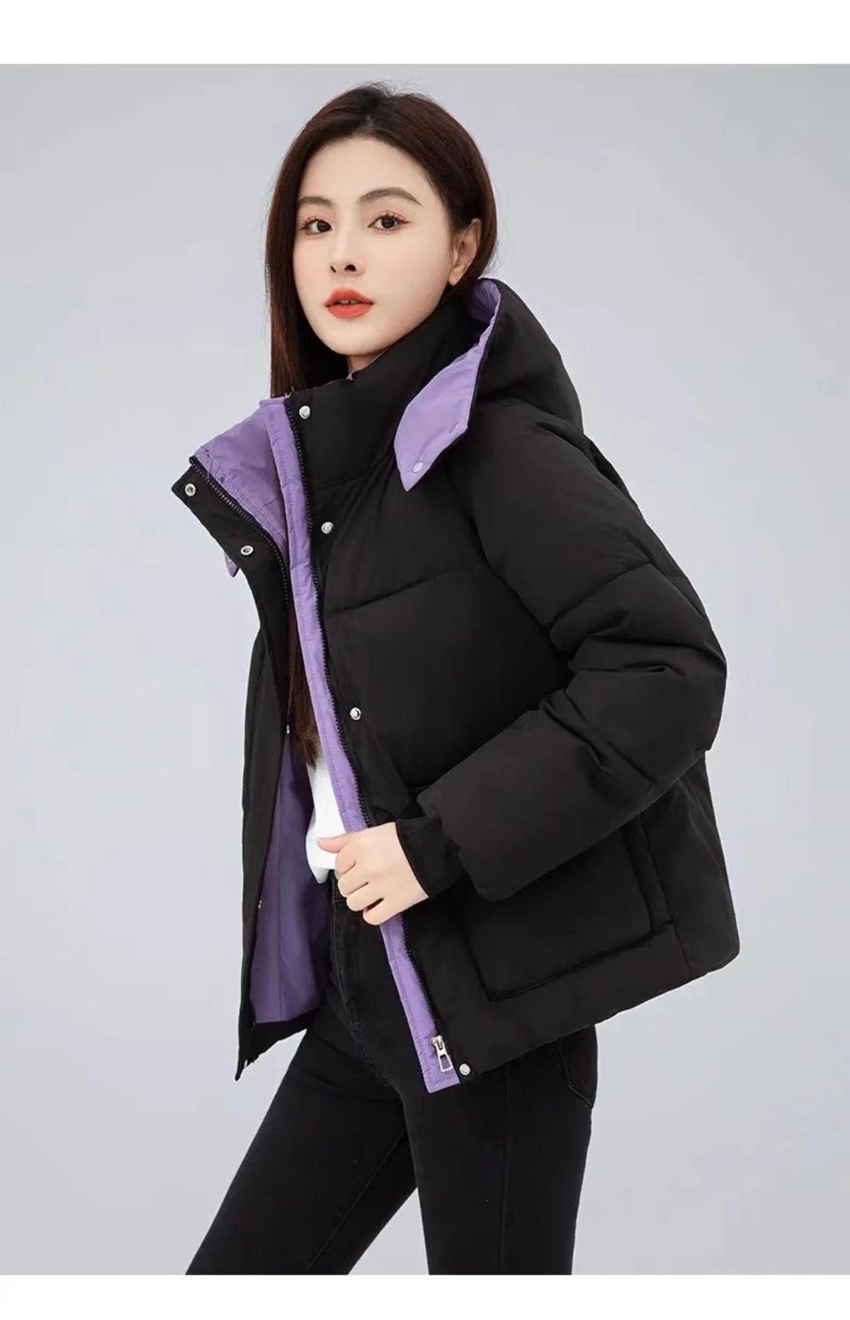25新品时尚棉服连帽拼色潮流百搭加厚韩版常规短款修身拼接保暖