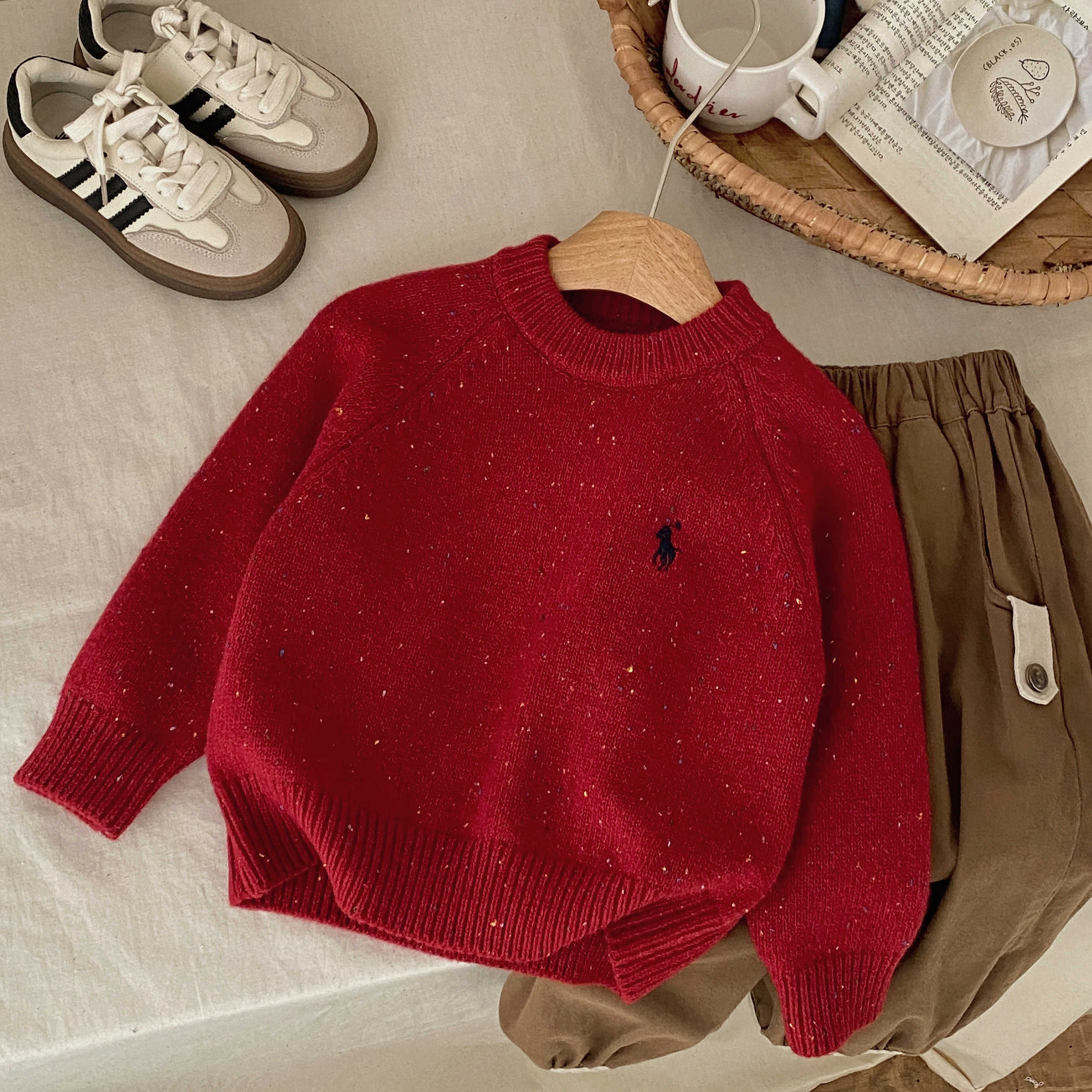 2025秋冬新款点子夹色套头毛衣男女童洋气刺绣厚实百搭针织毛衣