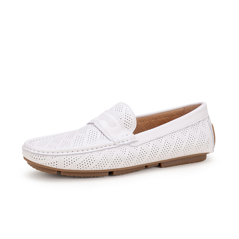 【杰登豪】休闲新款头层牛皮镂空透气真皮豆豆鞋男白色一脚蹬乐福鞋