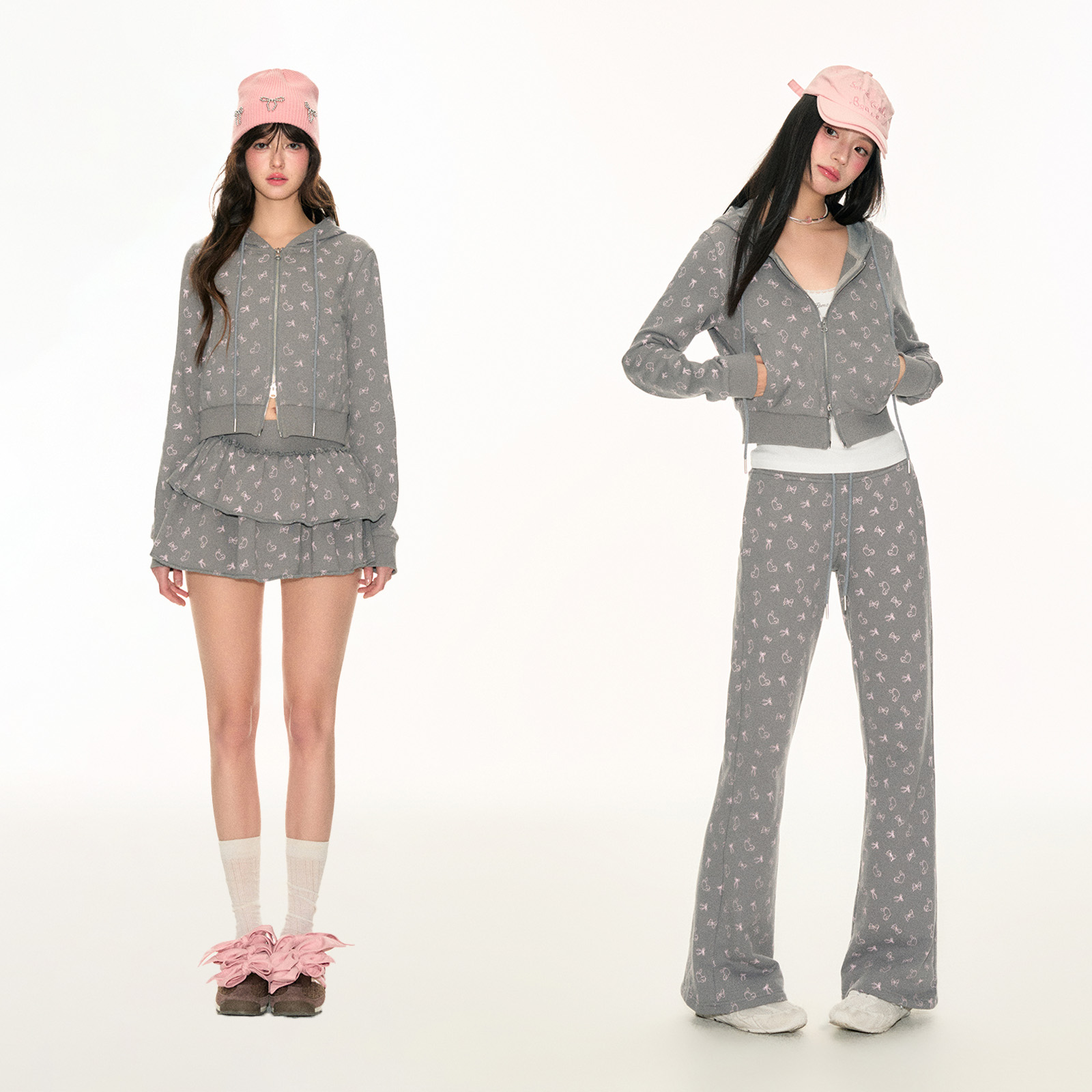 FPMZ蝴蝶结猫咪满印连帽短款卫衣开衫显瘦微喇长裤蛋糕短裙三件套