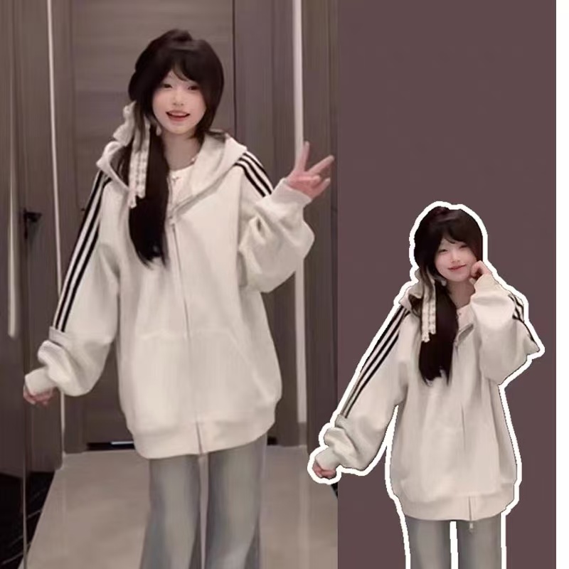 310克双头拉链美式三条杠插肩开衫连帽卫衣男女款秋冬宽松外套潮