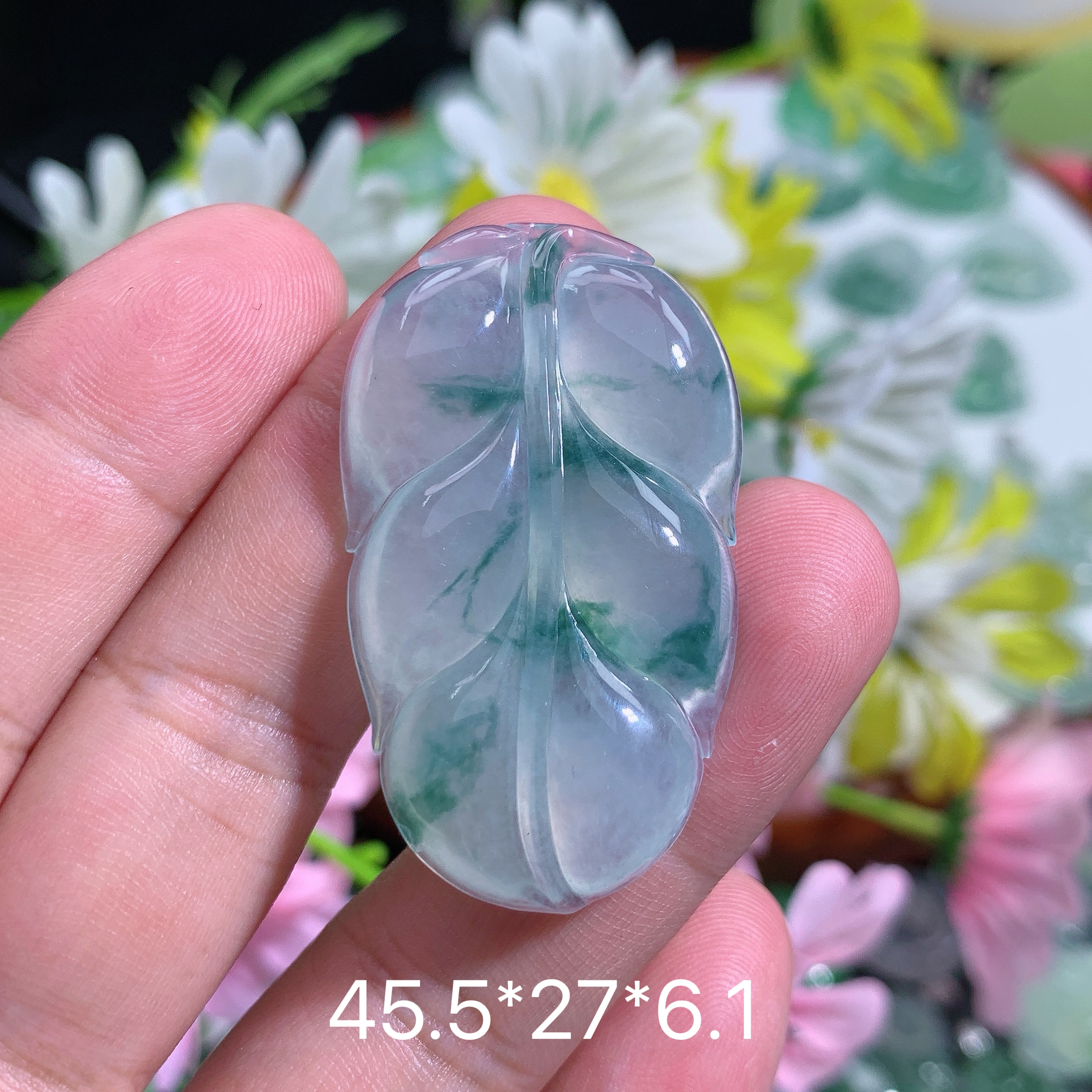 缅甸天然翡翠A货冰种飘花叶子吊坠o百搭气质精美礼物精致雕刻妈妈