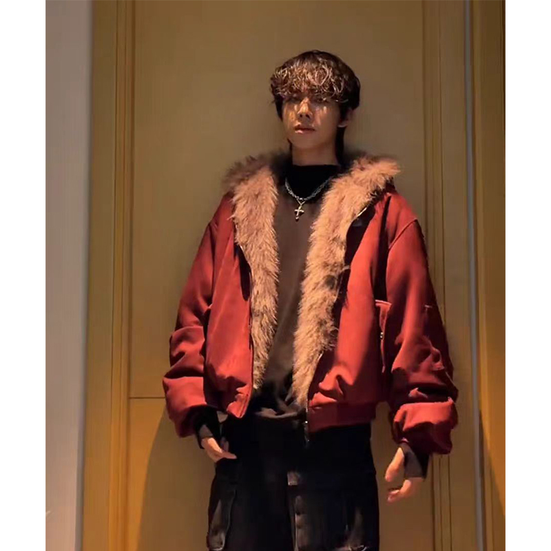 酒红色座山雕毛领连帽棉服外套男款冬季加厚保暖棉衣解构短款棉袄