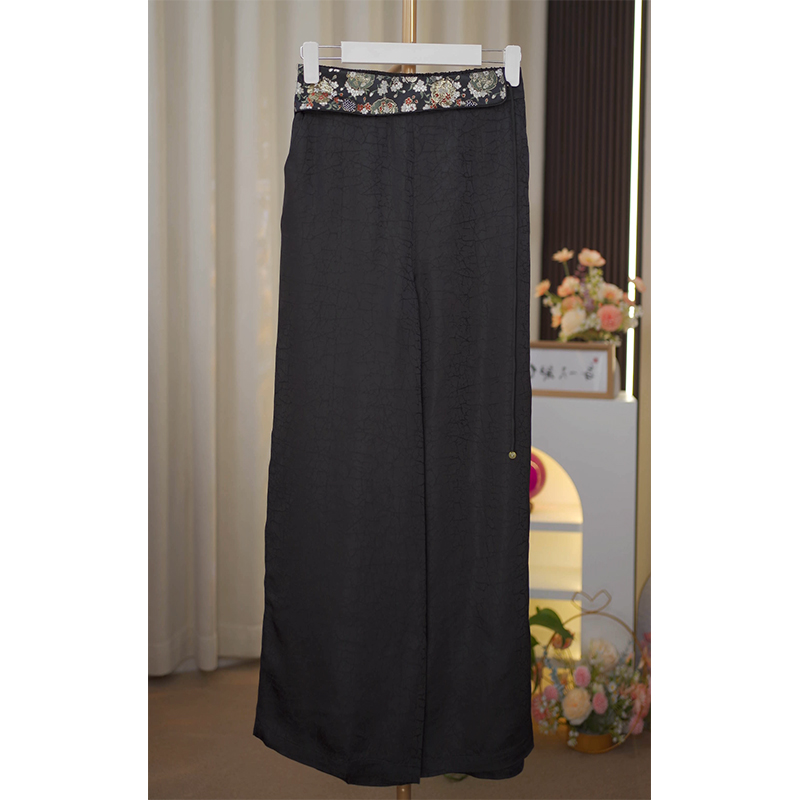 黑色龟纹-重磅香云纱桑蚕丝龟裂纹老料苏绣女长裤直筒裤