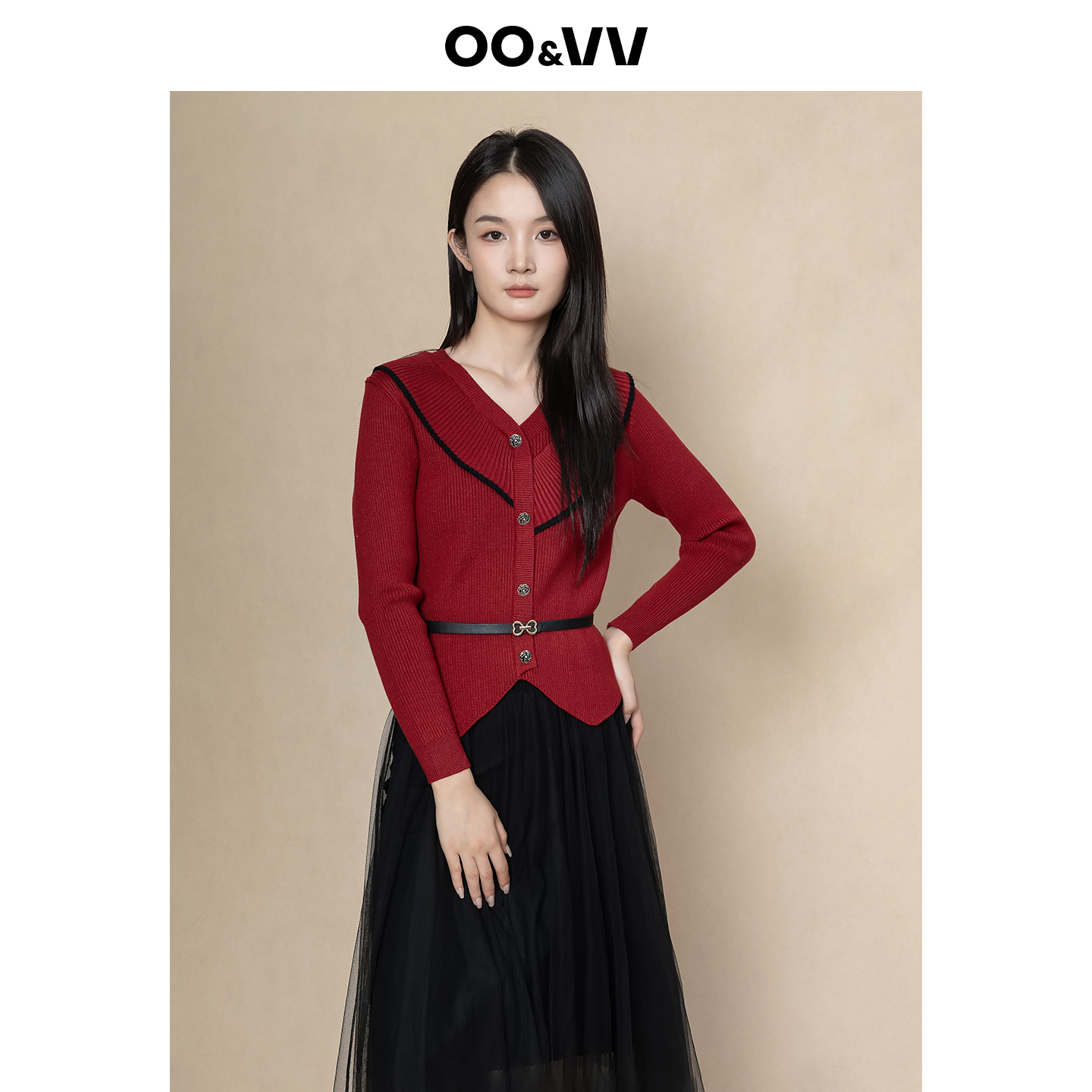 OO&VV不规则花边V领针织开衫+网纱半身裙高级感套装女25冬两件套