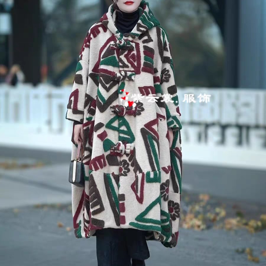 8659-1秋冬季上新宽松英伦风提花中长款高端羊毛呢外套连帽