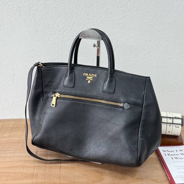 90新 Prada/普拉达 黑金荔枝纹托特单肩斜挎包118811黑色奢侈