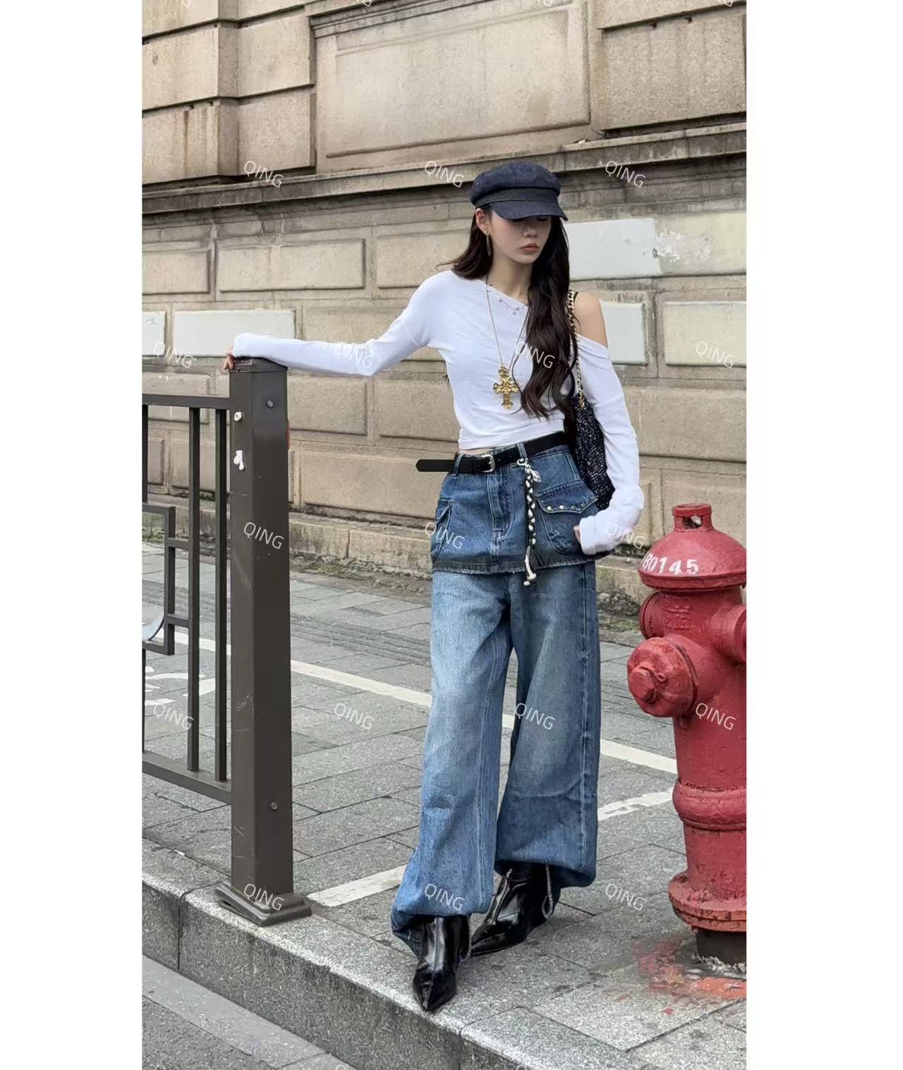 【青姐同款】2025秋季INS风不贴腿层次感屁帘阔腿牛仔裤