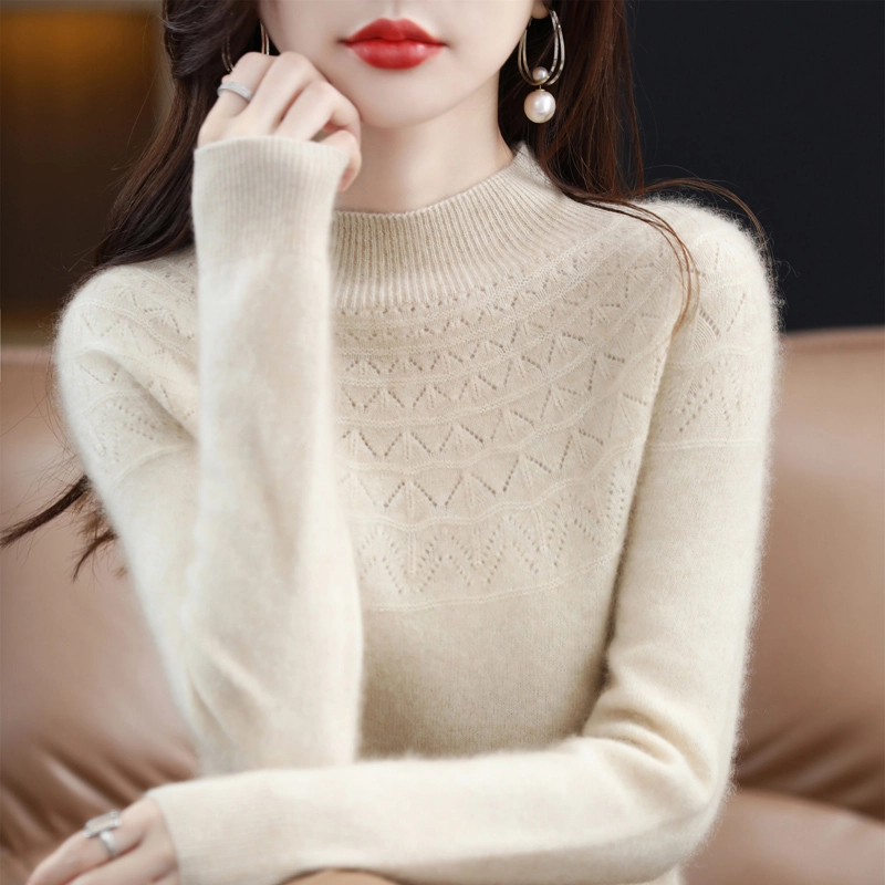 一线成衣100%纯羊毛衫女半高领时尚镂空针织打底秋冬宽松长袖毛衣