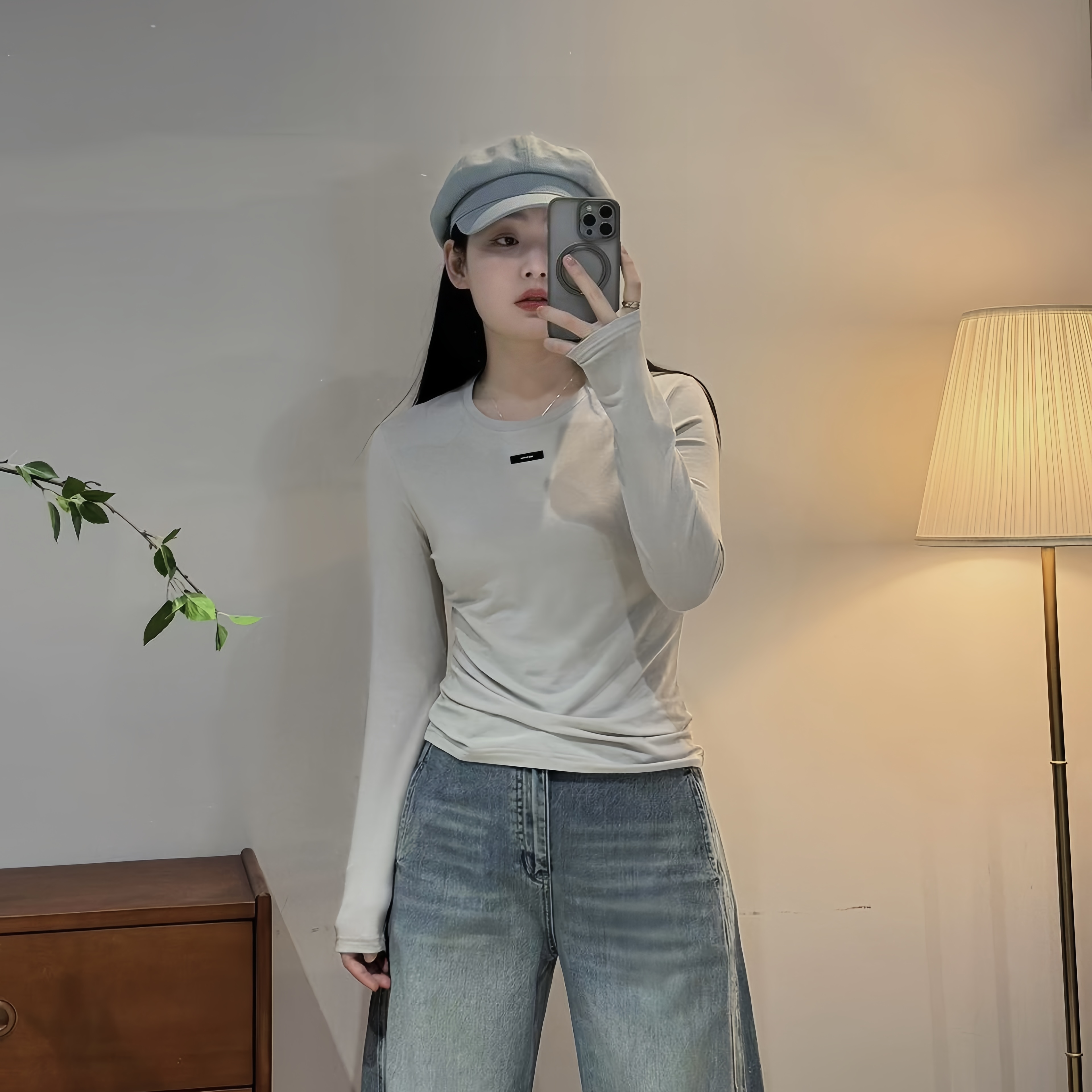 今婷韩系时尚休闲百搭简约日常贴布定标长袖打底衫女-JH25101328