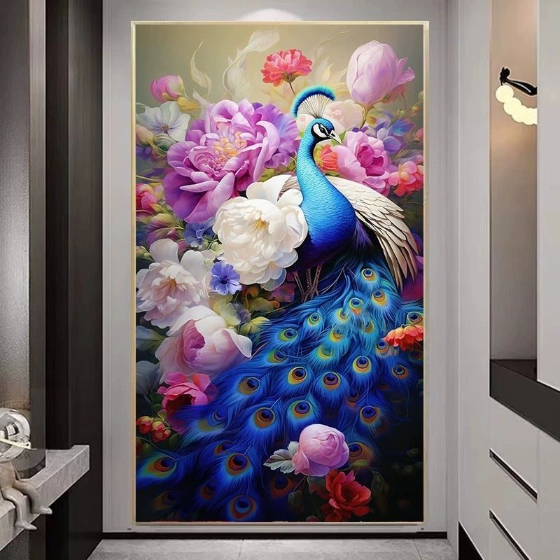 繁花似锦牡丹孔雀十字绣2024新款线绣客厅竖版玄关大幅自己绣手工