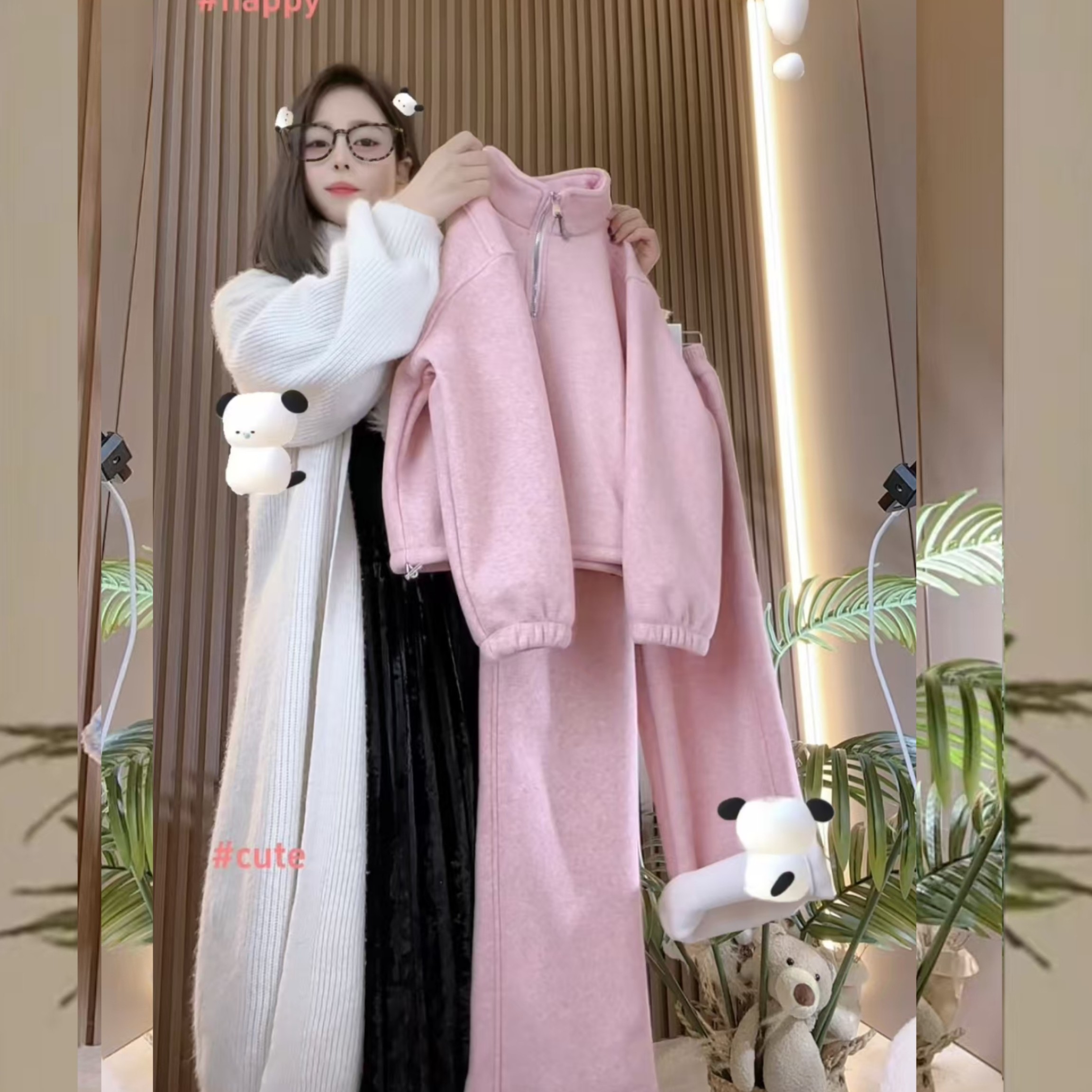 【亲子 加绒 两件套】小狗纯色韩系宽松休闲阔腿裤套装2025秋冬新款