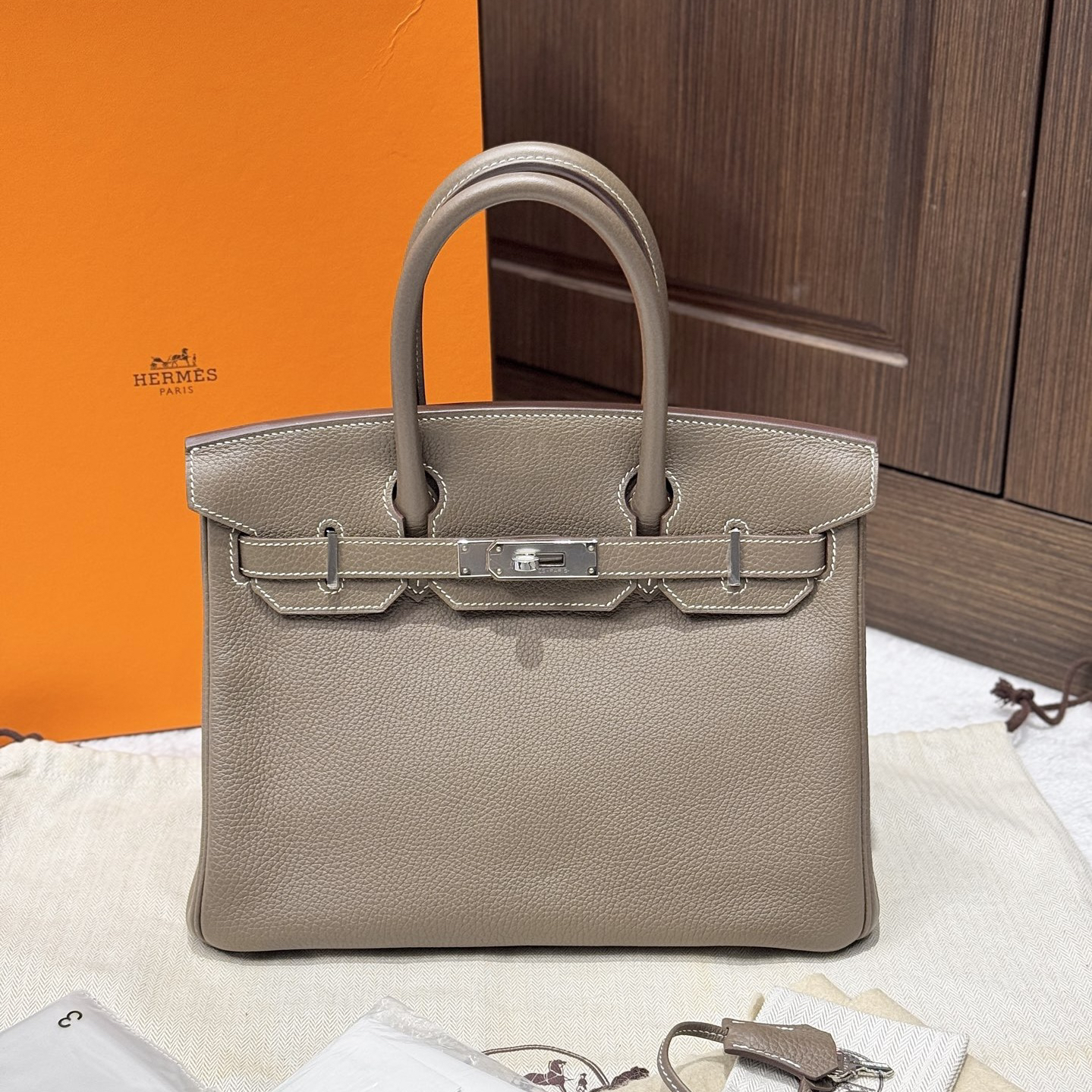 99新 Hermes/爱马仕 大象灰银扣 birkin 30 铂金包/二奢