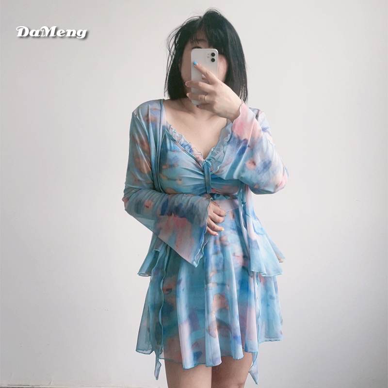 【牙姐直播专属】两件套大码连体平角泳衣女保守遮肉显瘦温泉度假