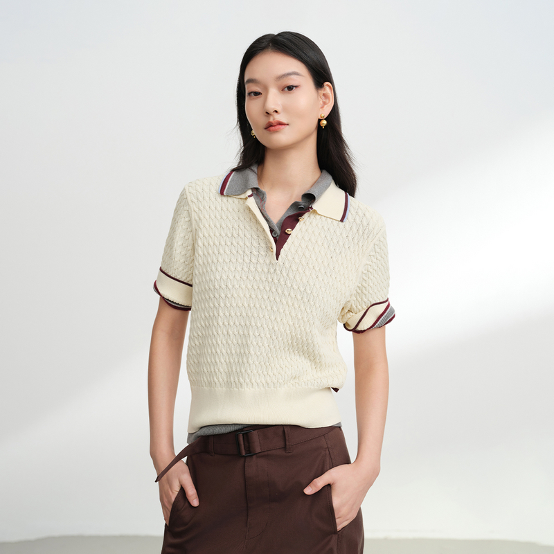 ​EP雅莹2025早秋新款女装 简约polo领修身白色短袖针织衫9509A