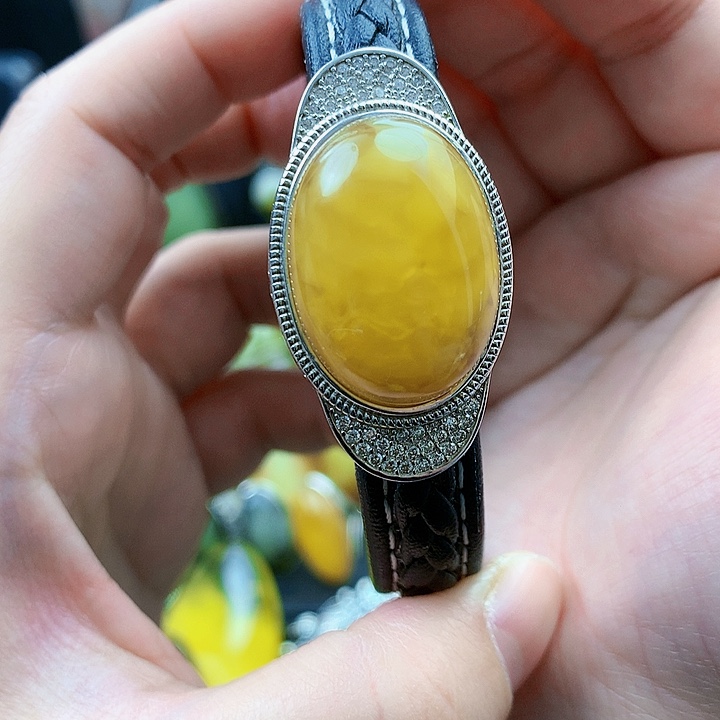 琥珀裸石银S925镶嵌手镯