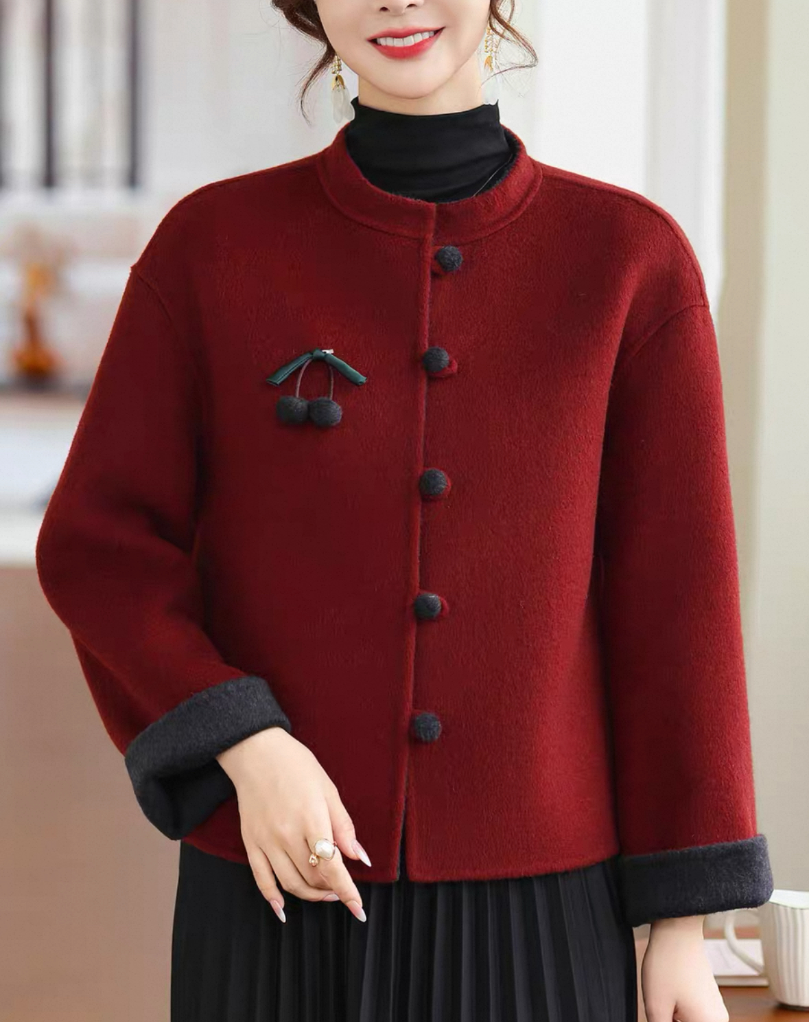 短款圆领秋冬连帽女装毛呢小香风外套常规洋气女立领呢子