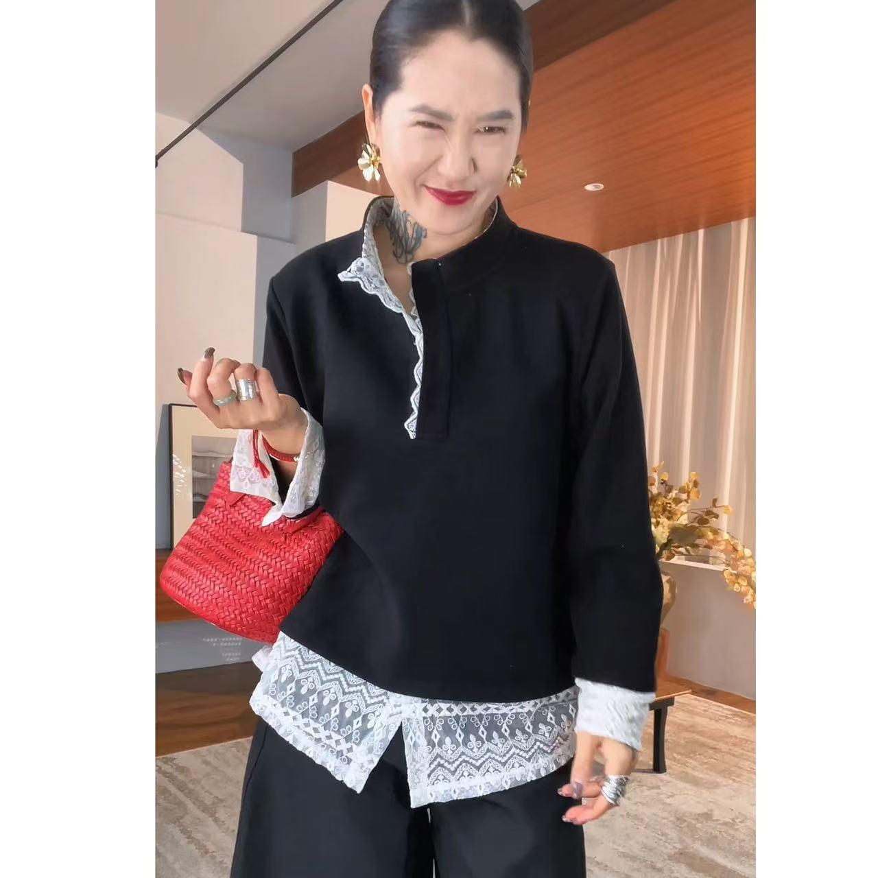 A5629拼蕾丝加厚卫衣气质长袖时尚百搭立领