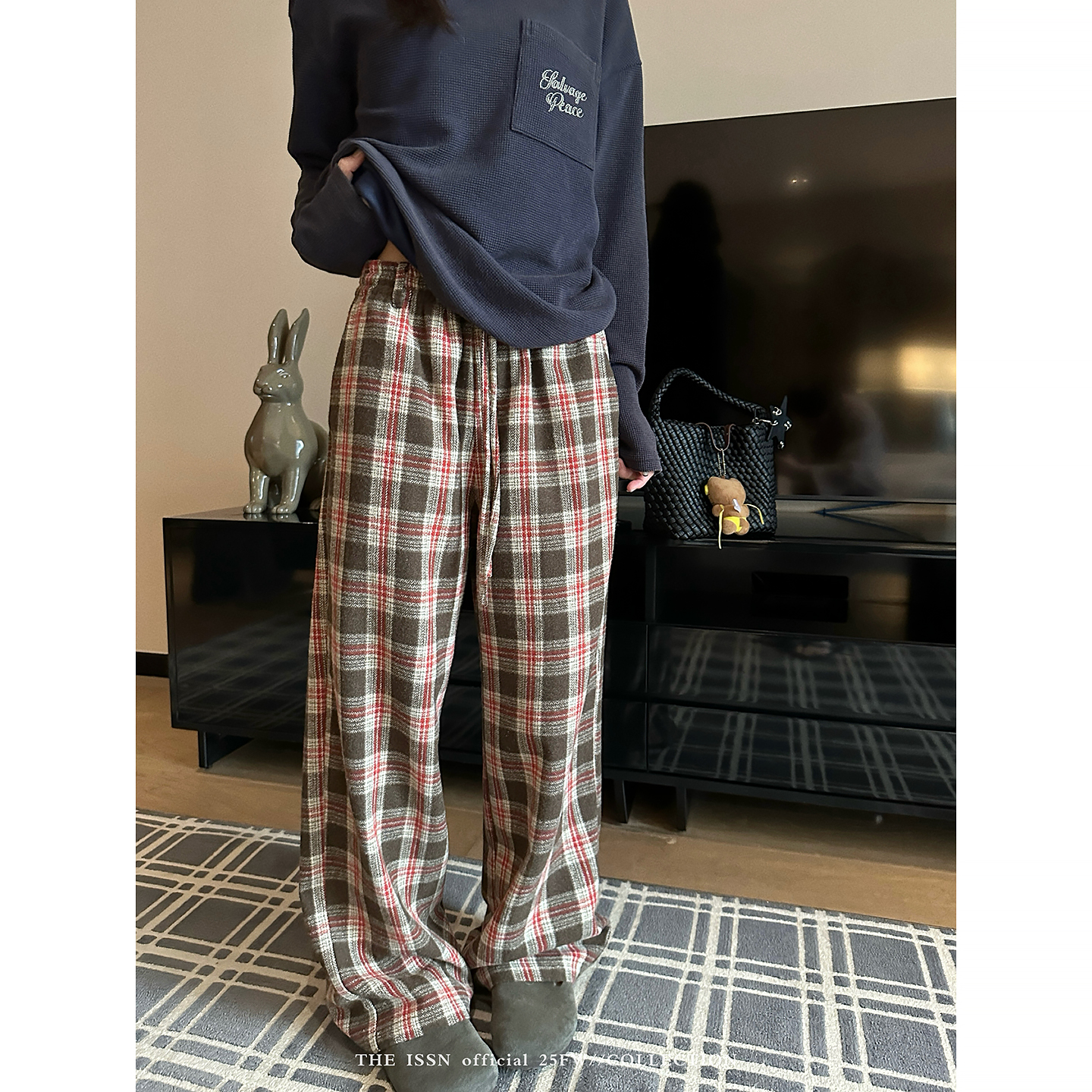 THEISSN宁司 抽绳复古格纹阔腿休闲裤女秋季百搭长裤 01513